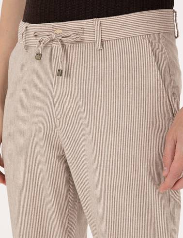 Bej Slim Fit Keten Karışımlı Beli İpli Çizgili Kanvas Pantolon