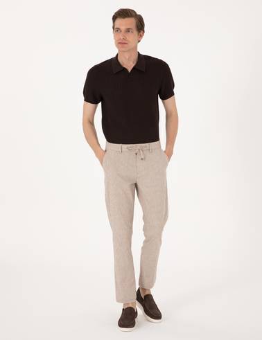 Bej Slim Fit Keten Karışımlı Beli İpli Çizgili Kanvas Pantolon