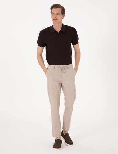 Bej Slim Fit Keten Karışımlı Beli İpli Çizgili Kanvas Pantolon