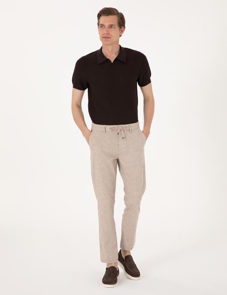 Bej Slim Fit Keten Karışımlı Beli İpli Çizgili Kanvas Pantolon - 50301775073