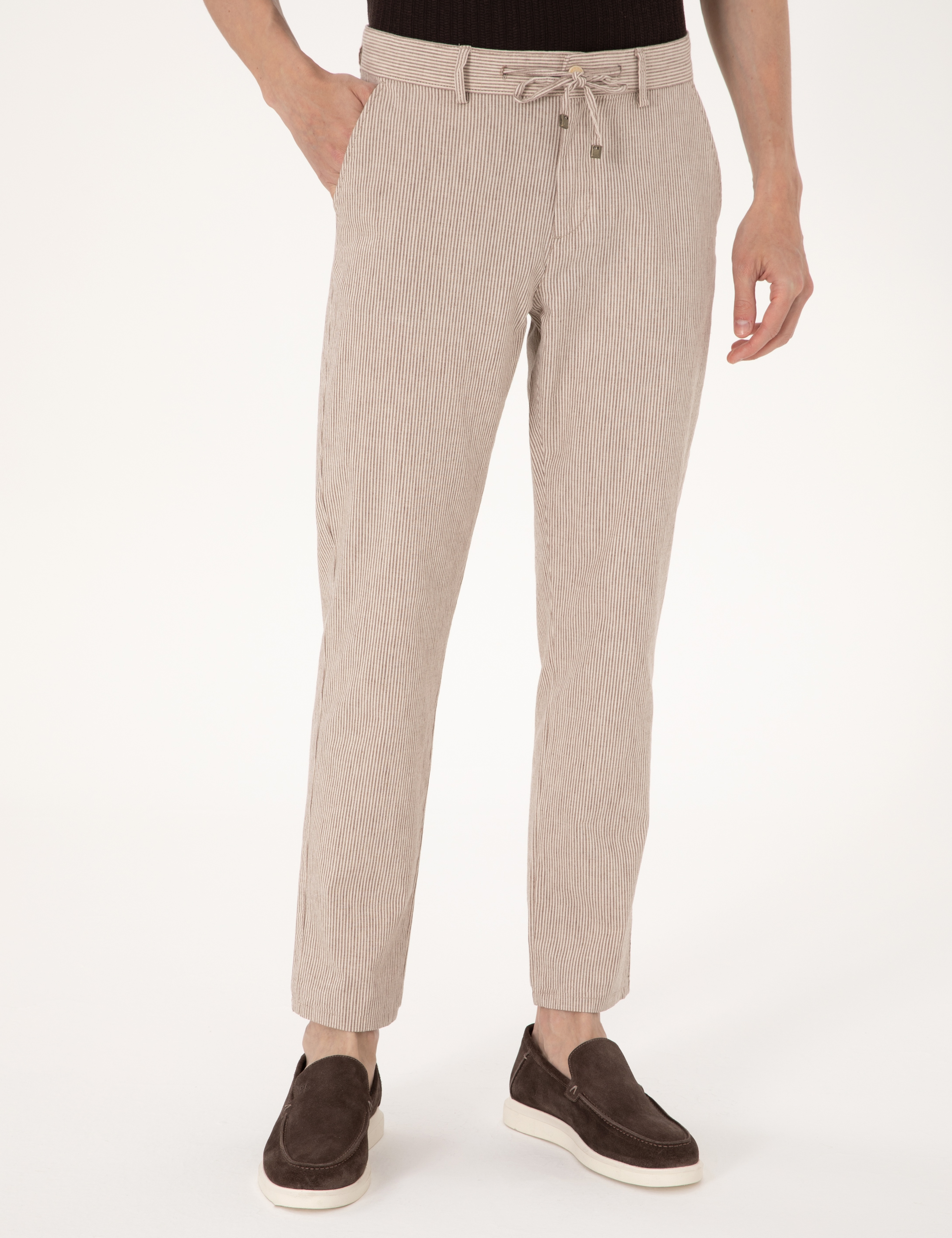 Bej Slim Fit Keten Karışımlı Beli İpli Çizgili Kanvas Pantolon - Image 2