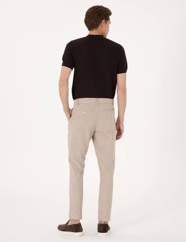 Bej Slim Fit Keten Karışımlı Beli İpli Çizgili Kanvas Pantolon