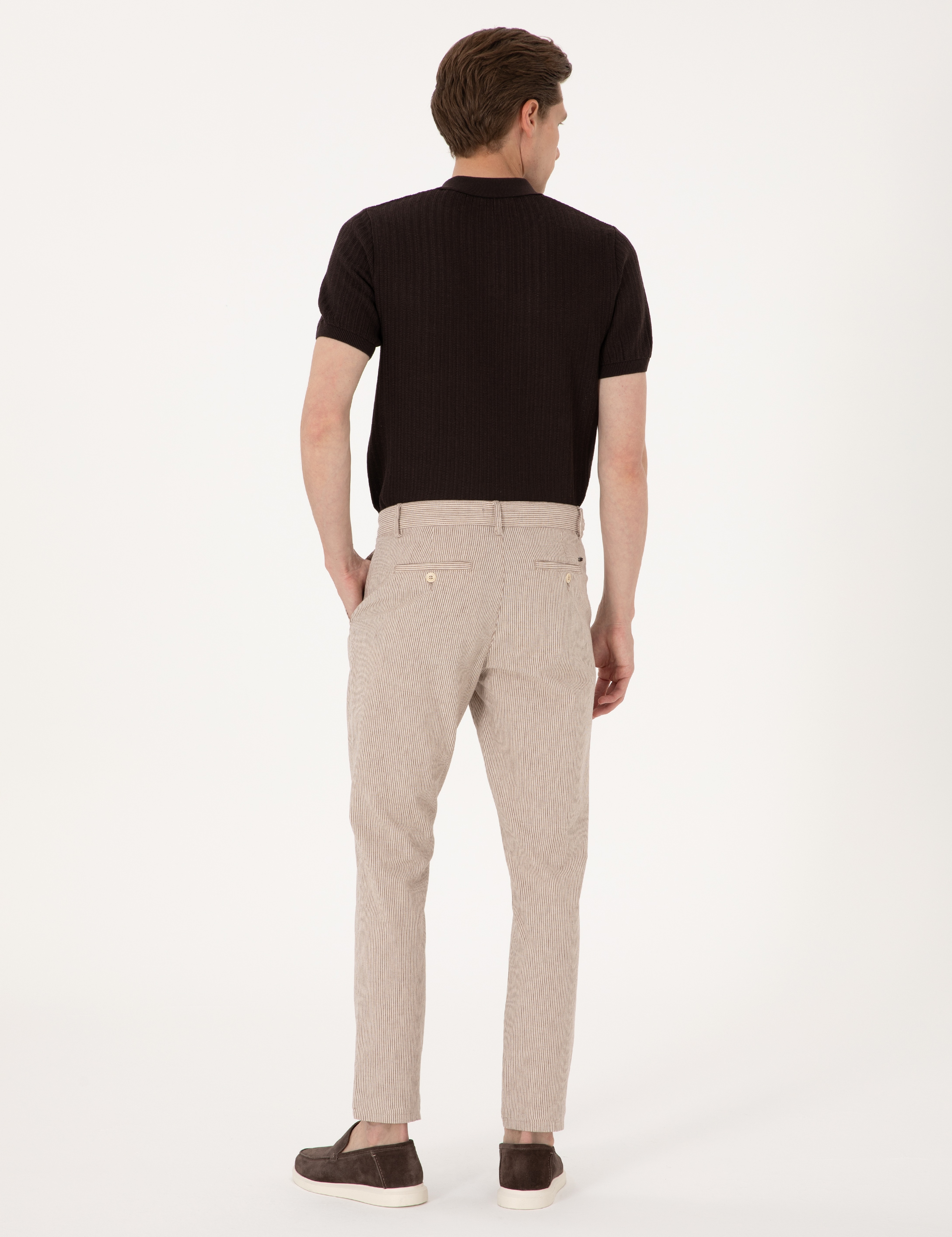 Bej Slim Fit Keten Karışımlı Beli İpli Çizgili Kanvas Pantolon - Image 4
