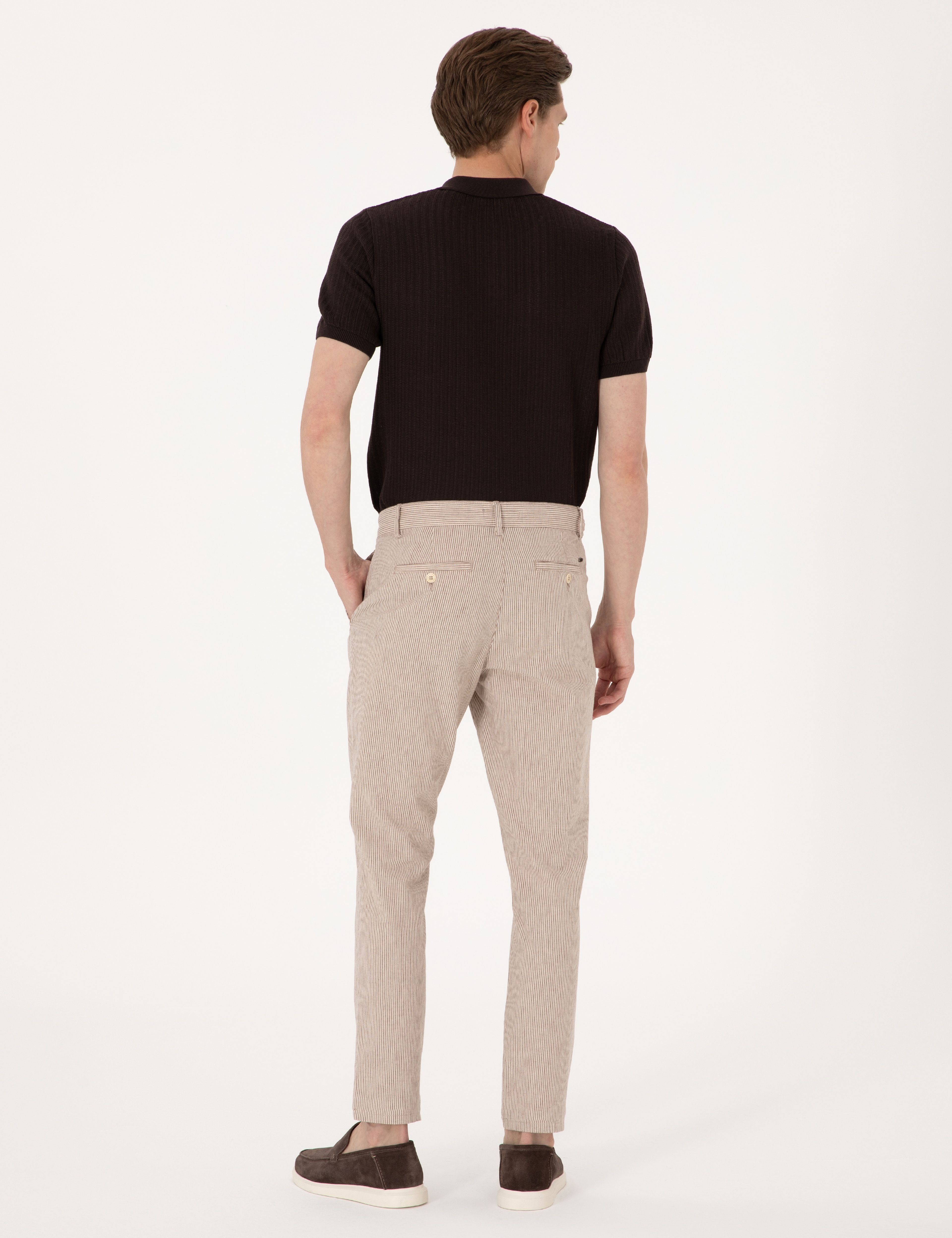 Bej Slim Fit Keten Karışımlı Beli İpli Çizgili Kanvas Pantolon