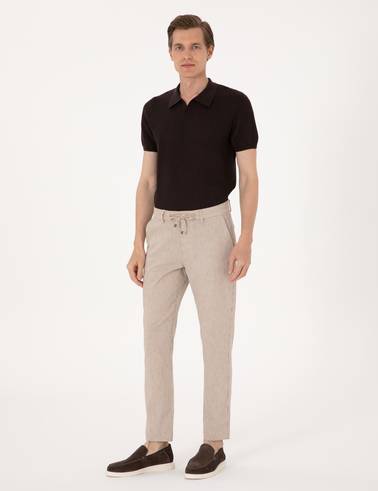 Bej Slim Fit Keten Karışımlı Beli İpli Çizgili Kanvas Pantolon