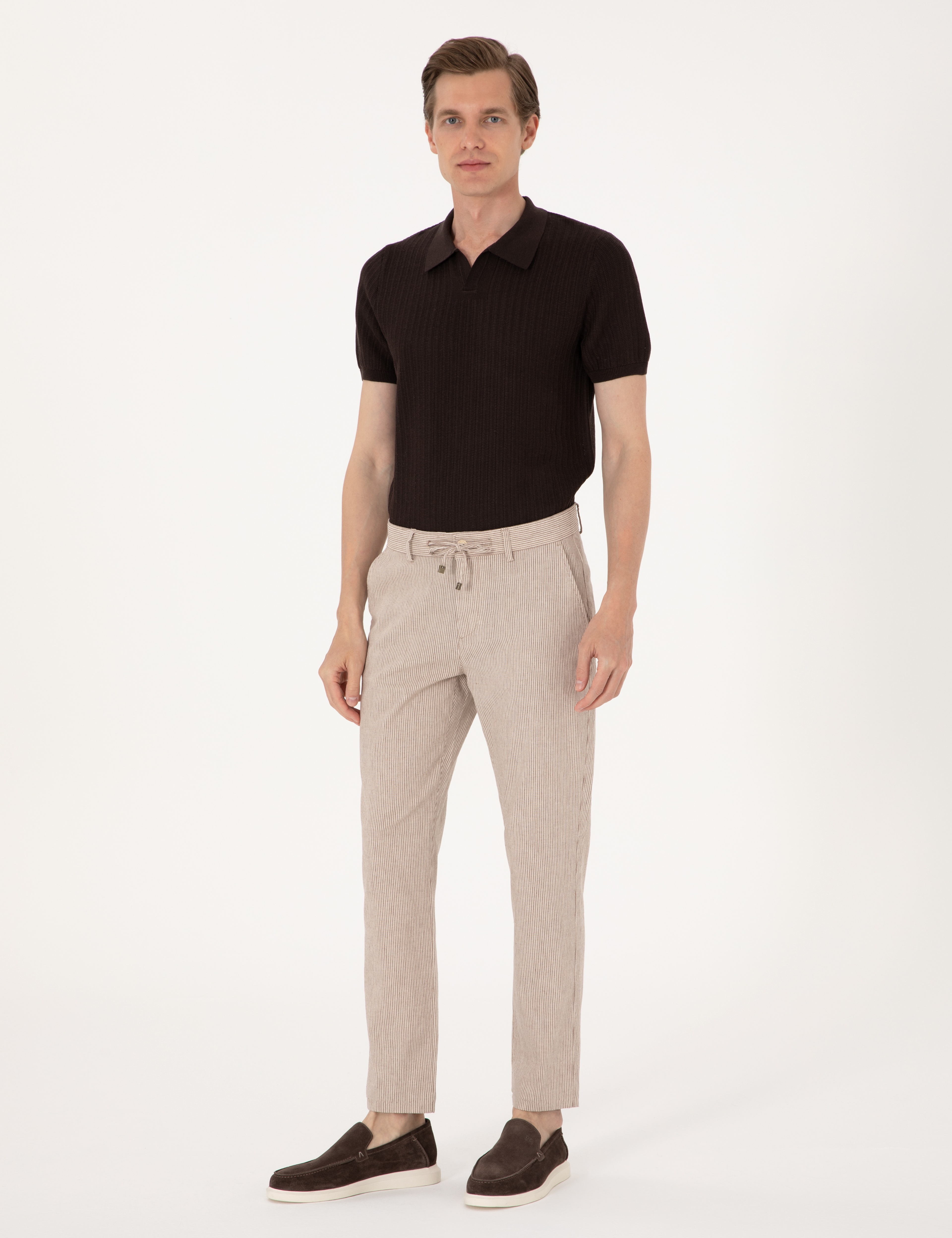 Bej Slim Fit Keten Karışımlı Beli İpli Çizgili Kanvas Pantolon