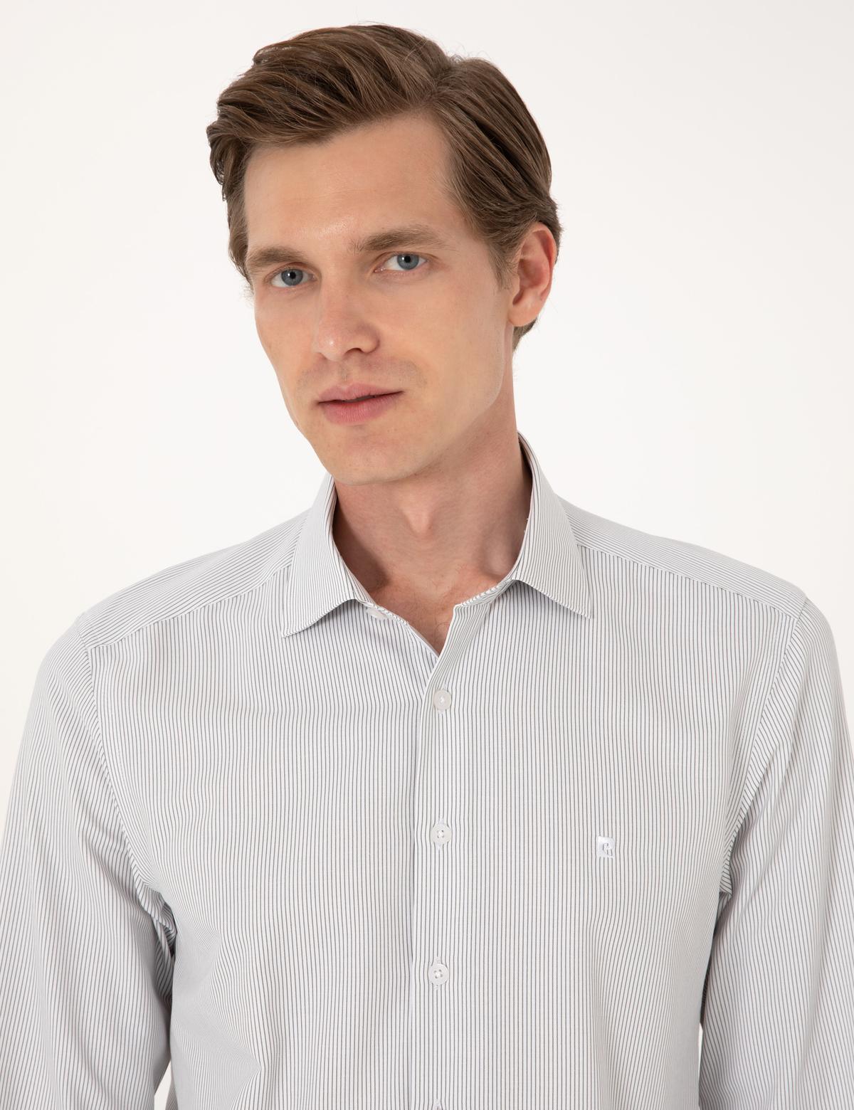 Haki İtalyan Yaka Çizgili Uzun Kollu Gömlek - 50306074018