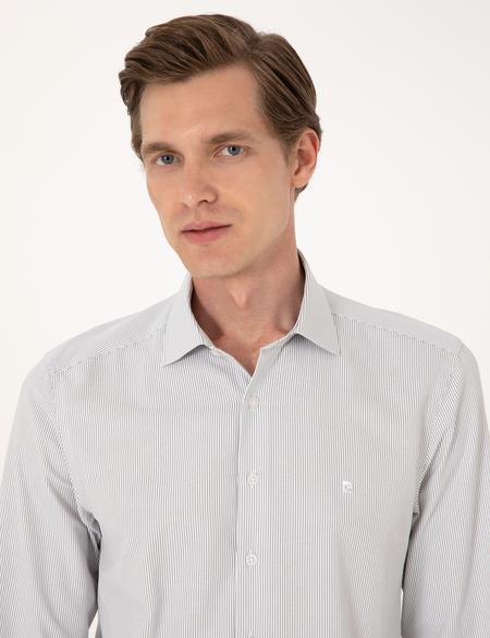 Haki İtalyan Yaka Çizgili Uzun Kollu Gömlek - 50306074018