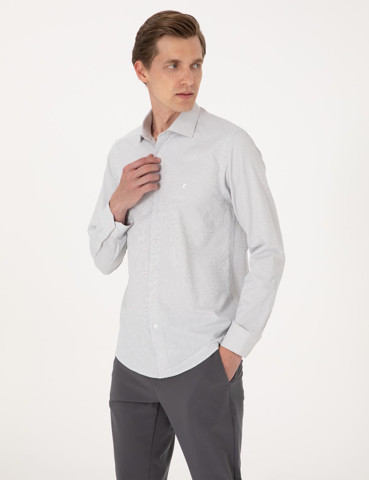 Haki İtalyan Yaka Çizgili Uzun Kollu Gömlek - 50306074018