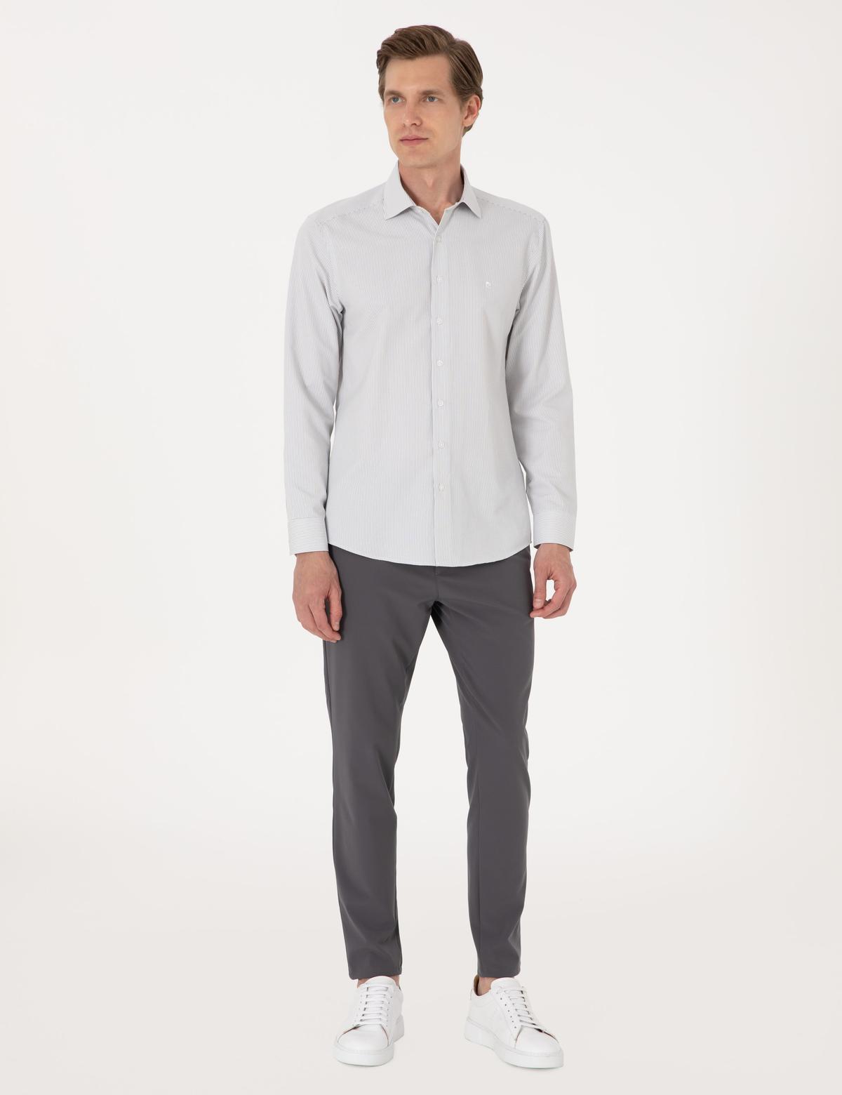 Haki İtalyan Yaka Çizgili Uzun Kollu Gömlek - 50306074018