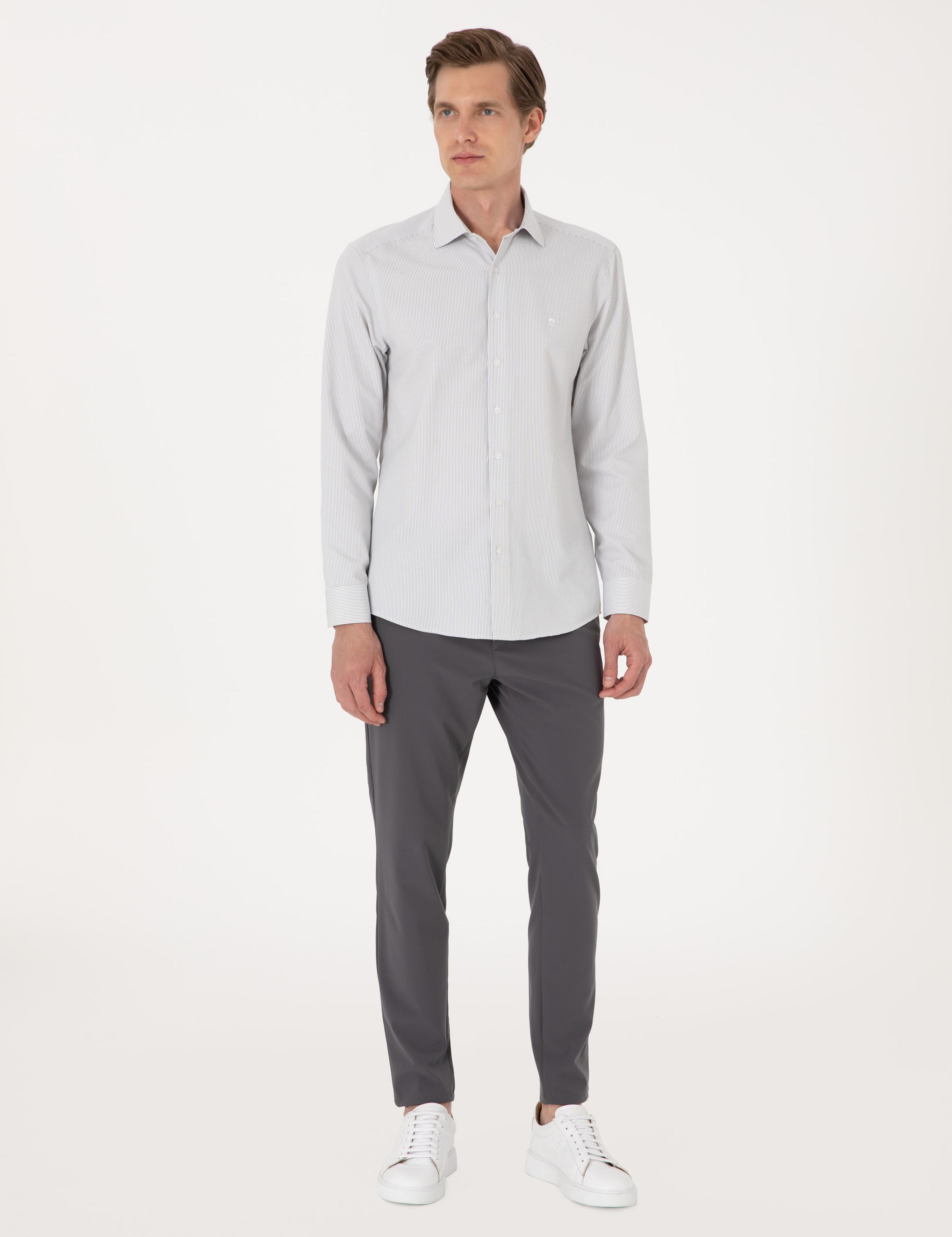 Haki İtalyan Yaka Çizgili Uzun Kollu Gömlek