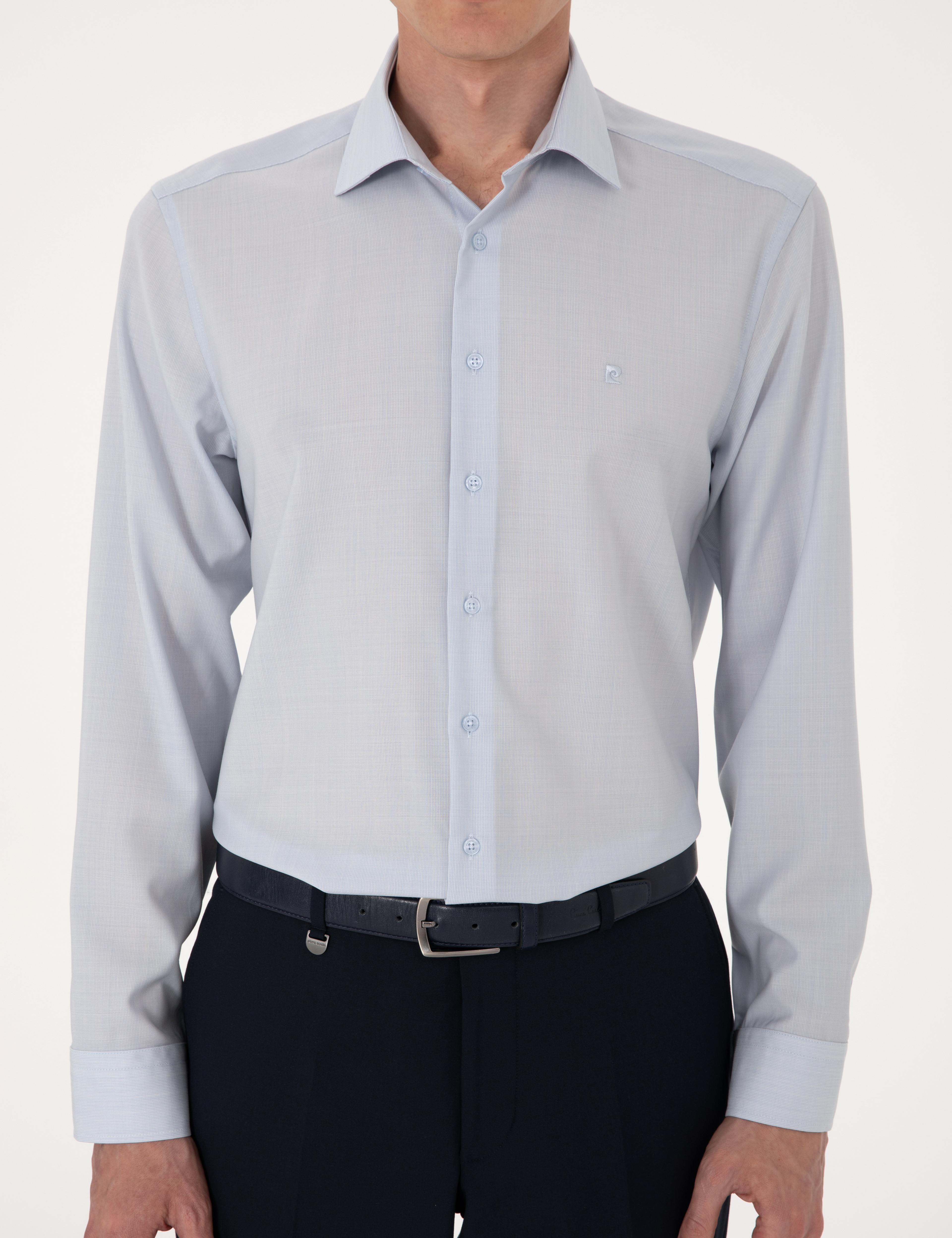 Açık Mavi Slim Fit %100 Yün Uzun Kollu Gömlek