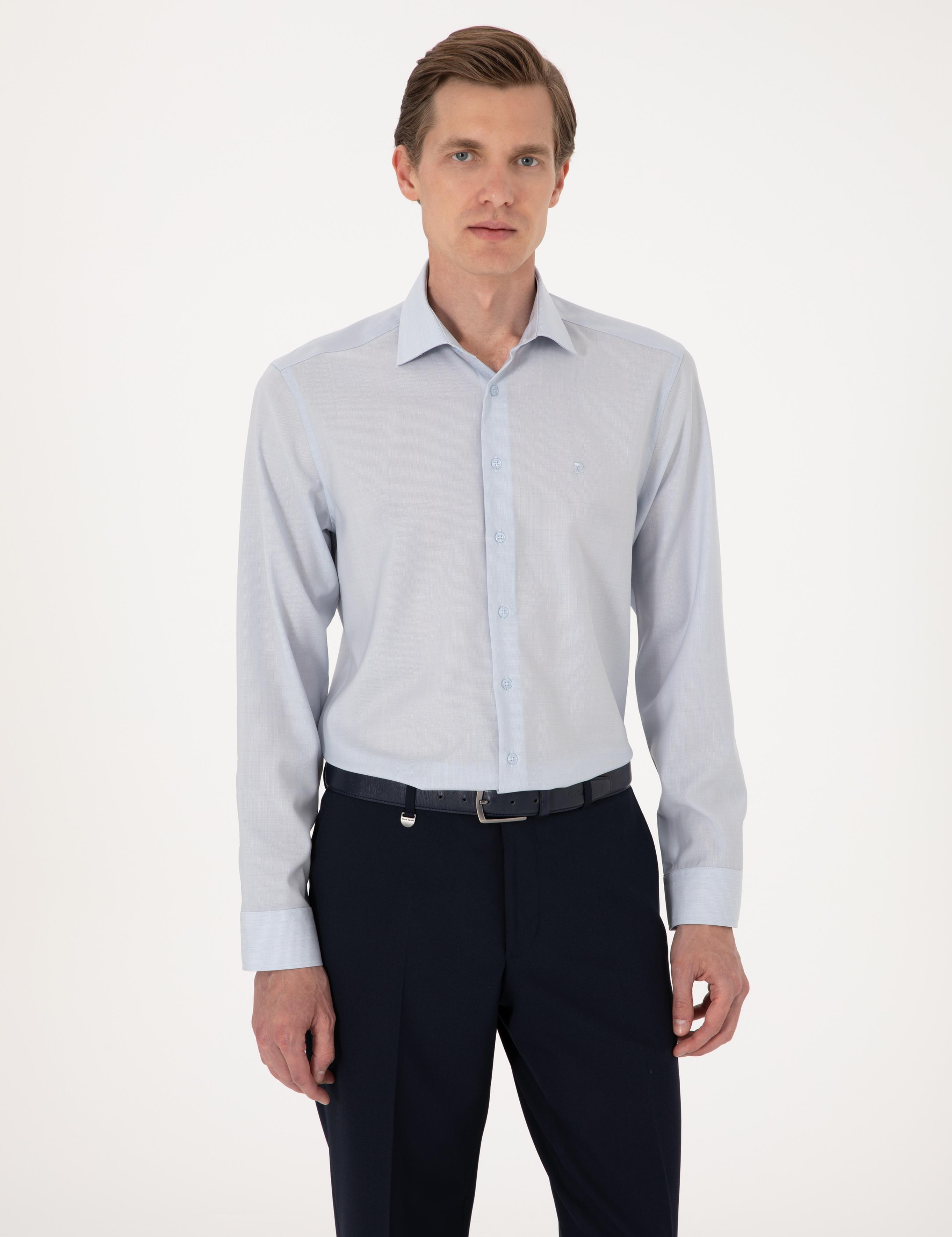 Açık Mavi Slim Fit %100 Yün Uzun Kollu Gömlek