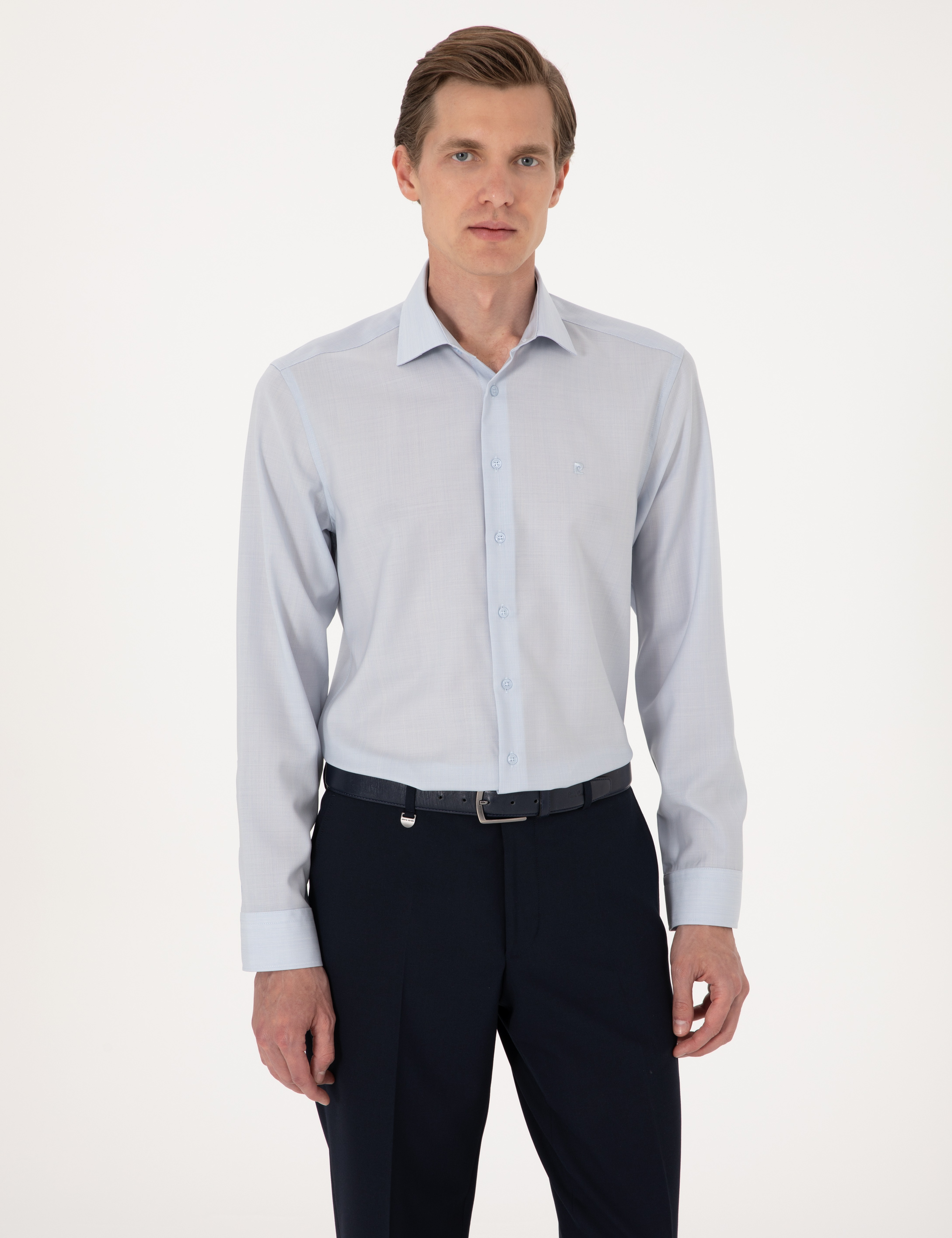 Açık Mavi Slim Fit %100 Yün Uzun Kollu Gömlek - Image 3