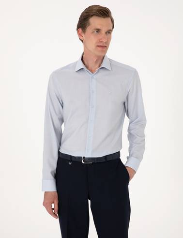 Açık Mavi Slim Fit %100 Yün Uzun Kollu Gömlek