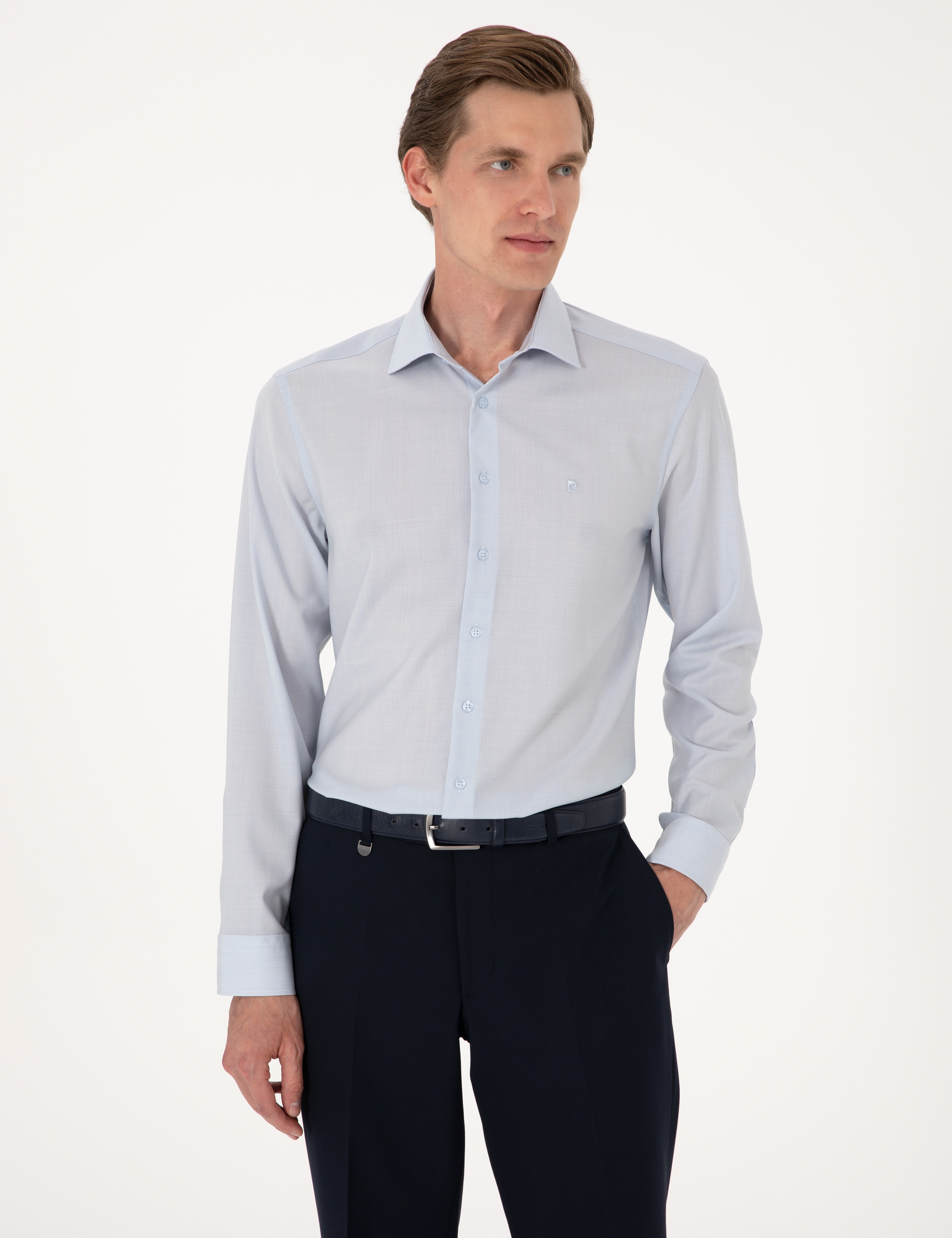 Açık Mavi Slim Fit %100 Yün Uzun Kollu Gömlek - Image 1