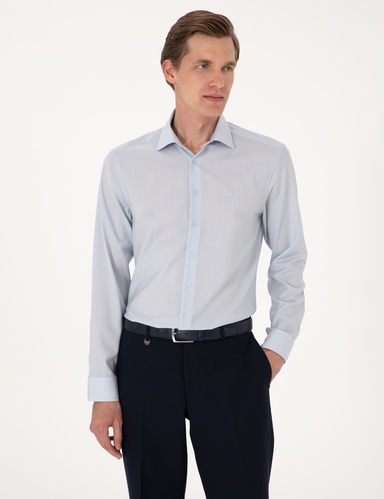 Açık Mavi Slim Fit %100 Yün Uzun Kollu Gömlek