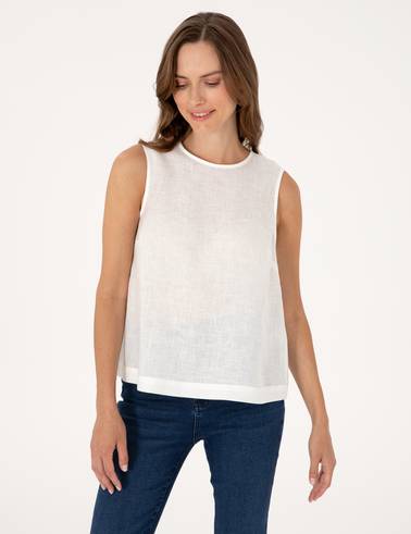 Beyaz Regular Fit Keten Bluz