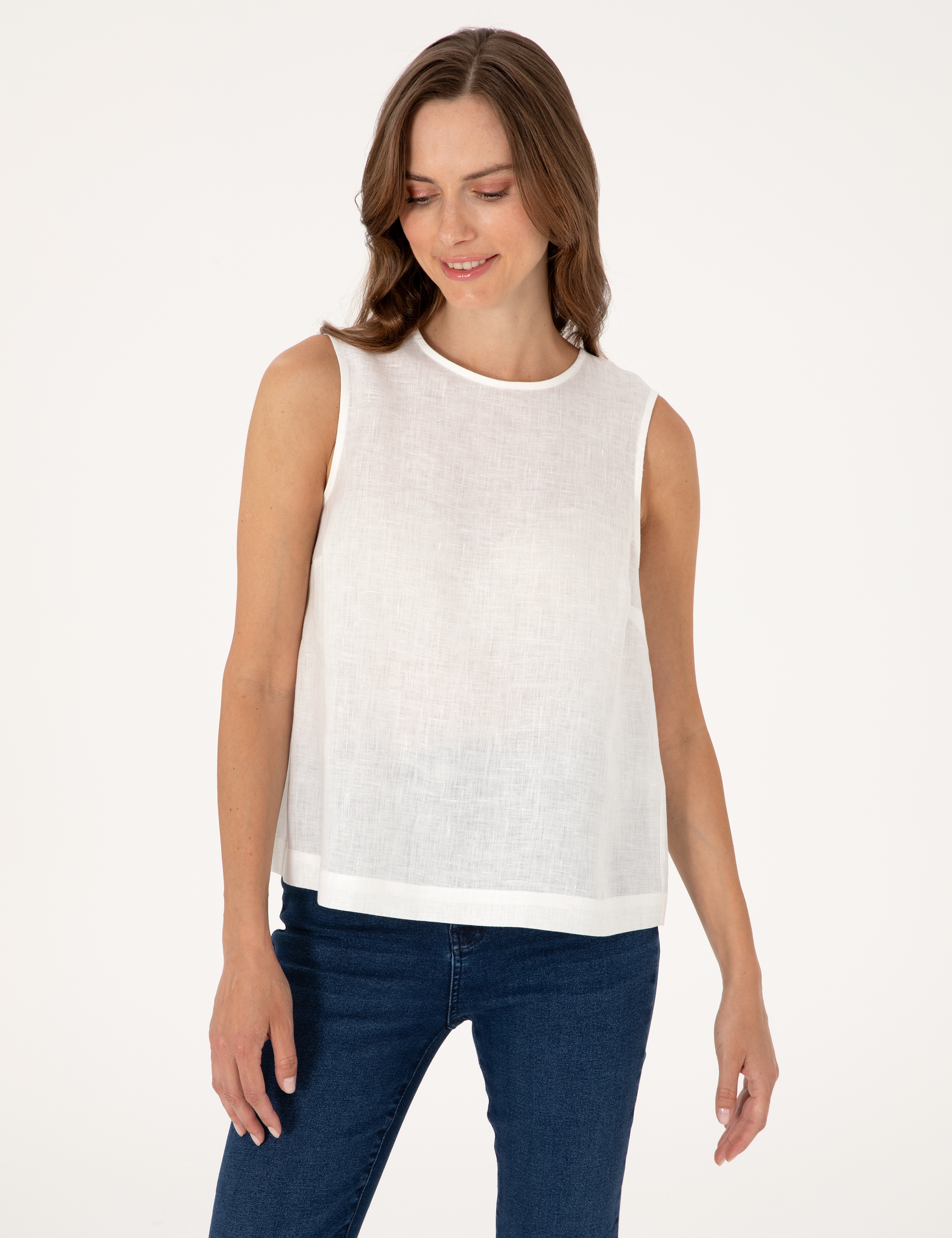 Beyaz Regular Fit Keten Bluz - Image 3