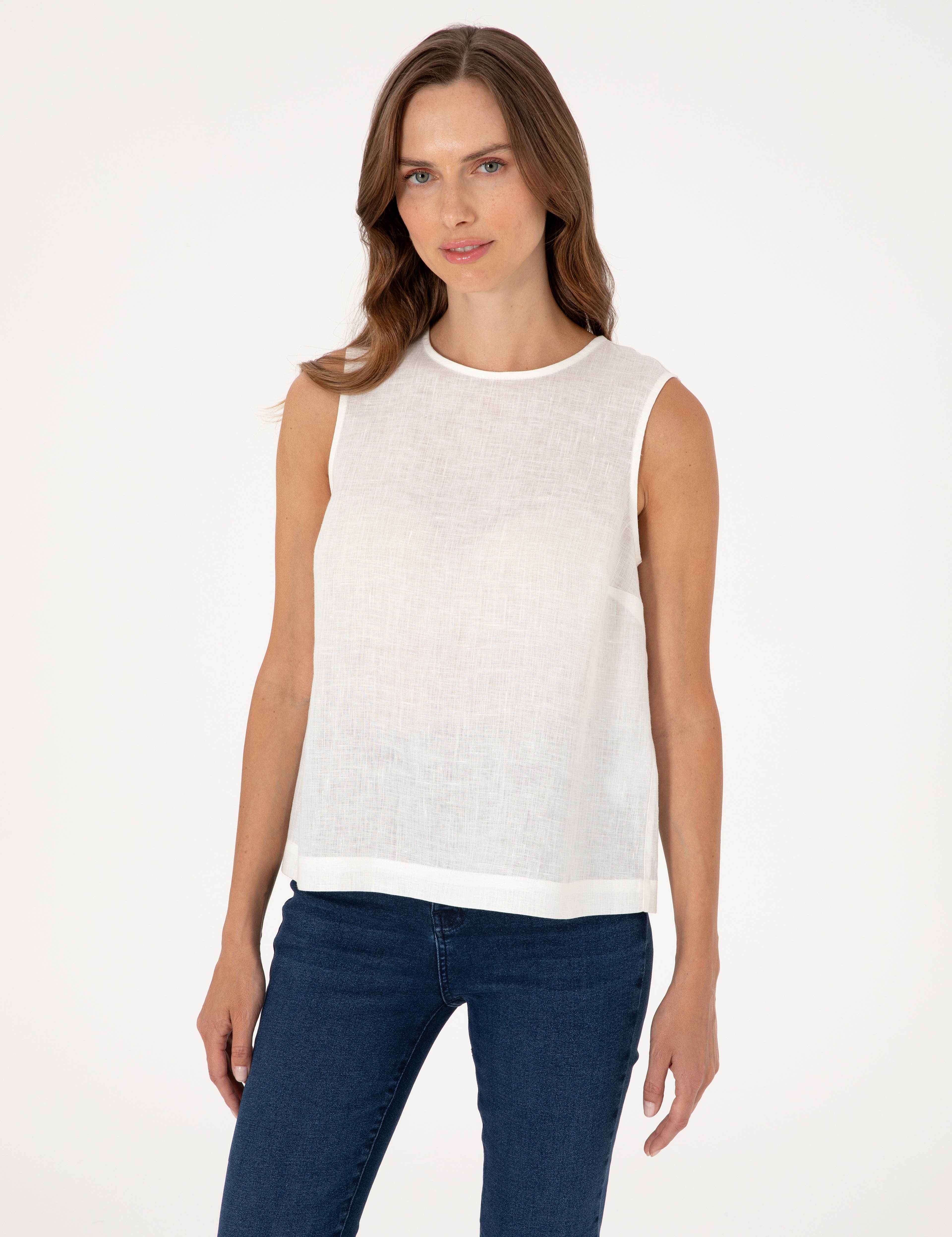 Beyaz Regular Fit Keten Bluz - Image 1