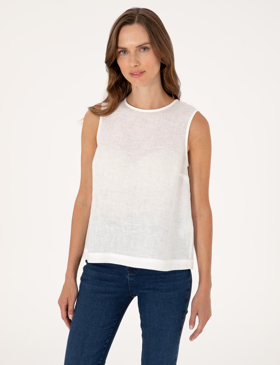 Beyaz Regular Fit Keten Bluz