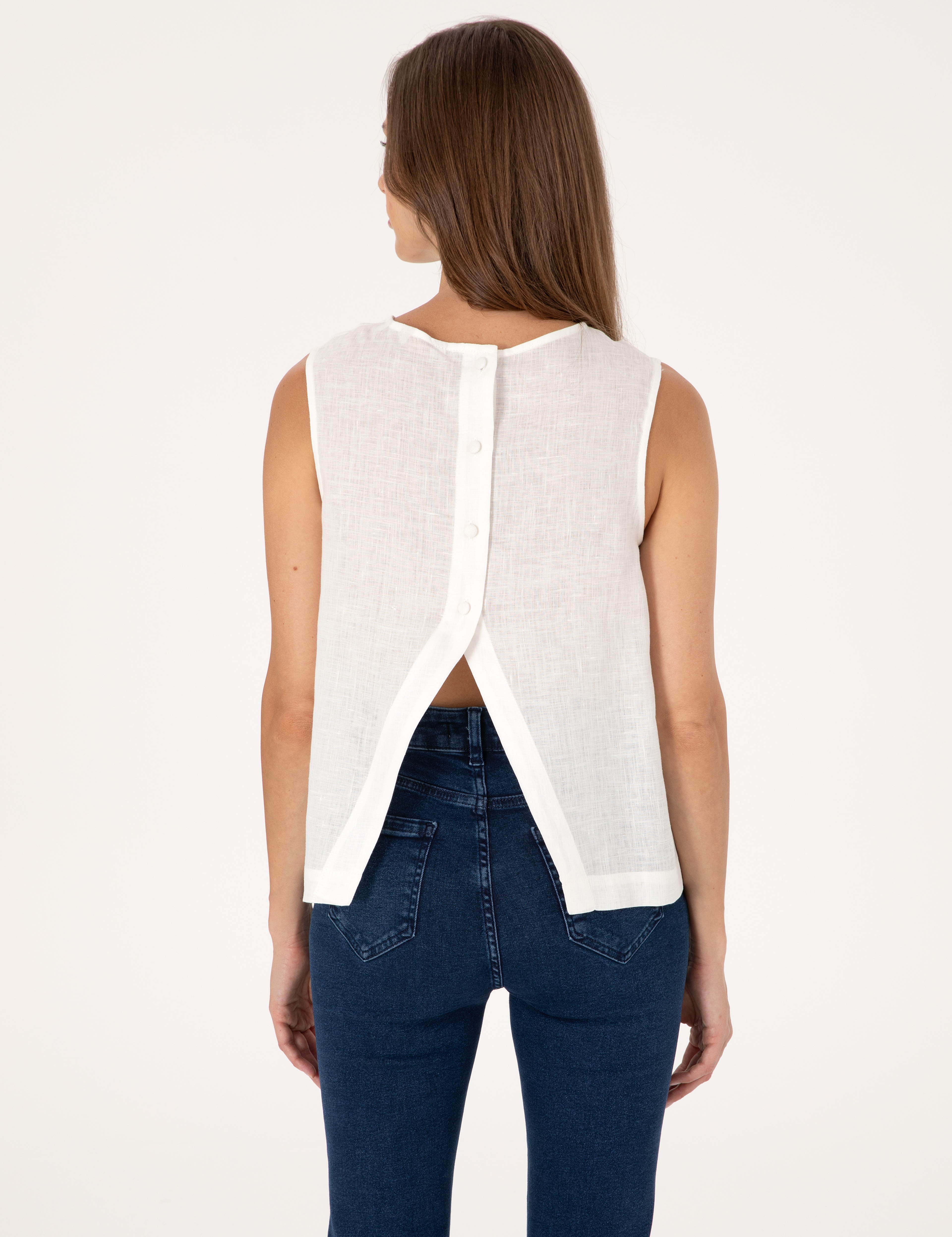 Beyaz Regular Fit Keten Bluz - Image 5