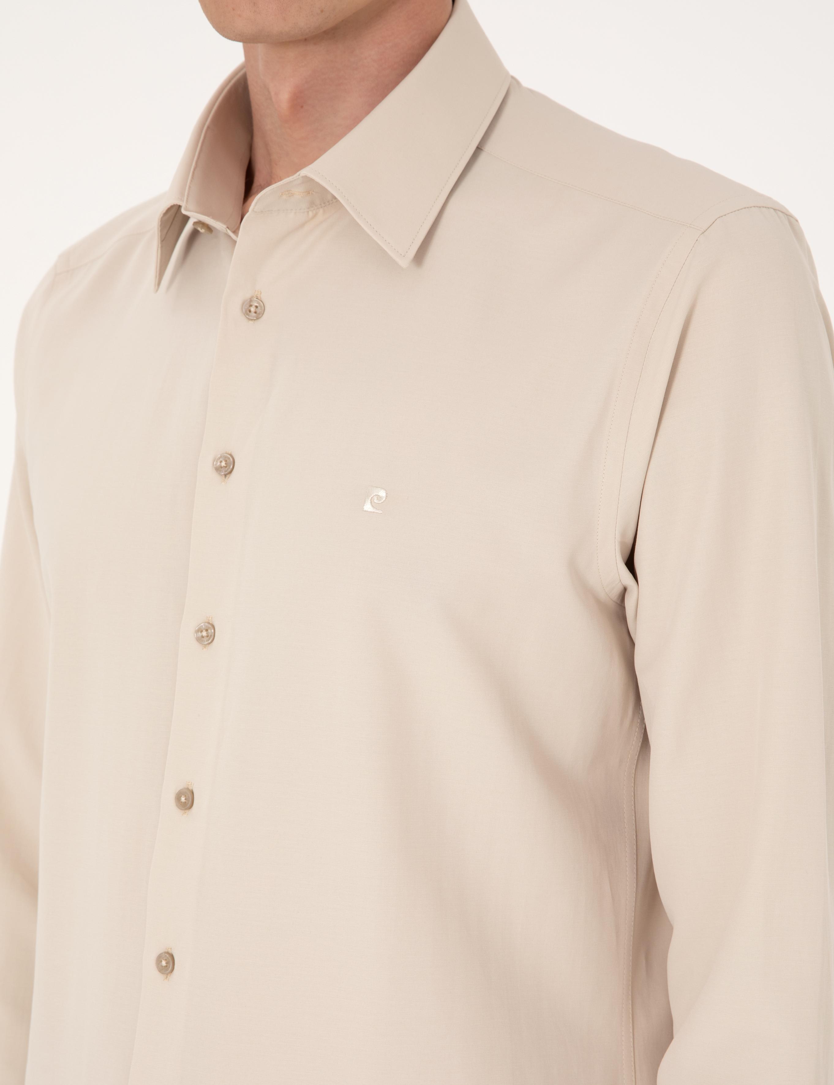 Bej Slim Fit Uzun Kollu Basic Gömlek