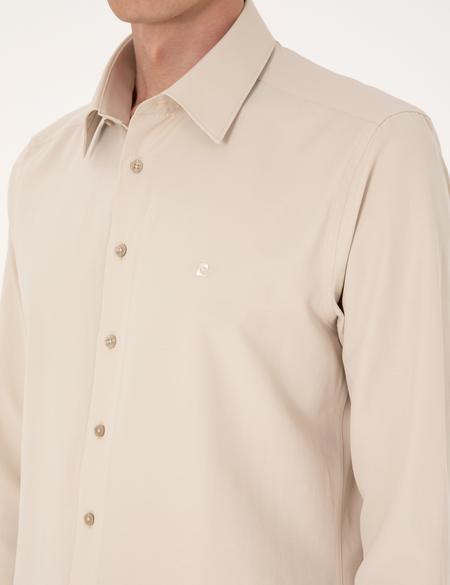 Bej Slim Fit Uzun Kollu Basic Gömlek - 50316734079