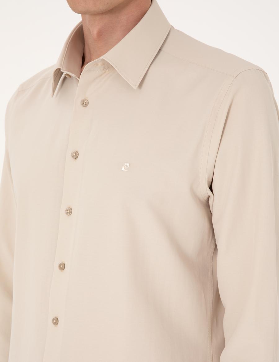 Bej Slim Fit Uzun Kollu Basic Gömlek