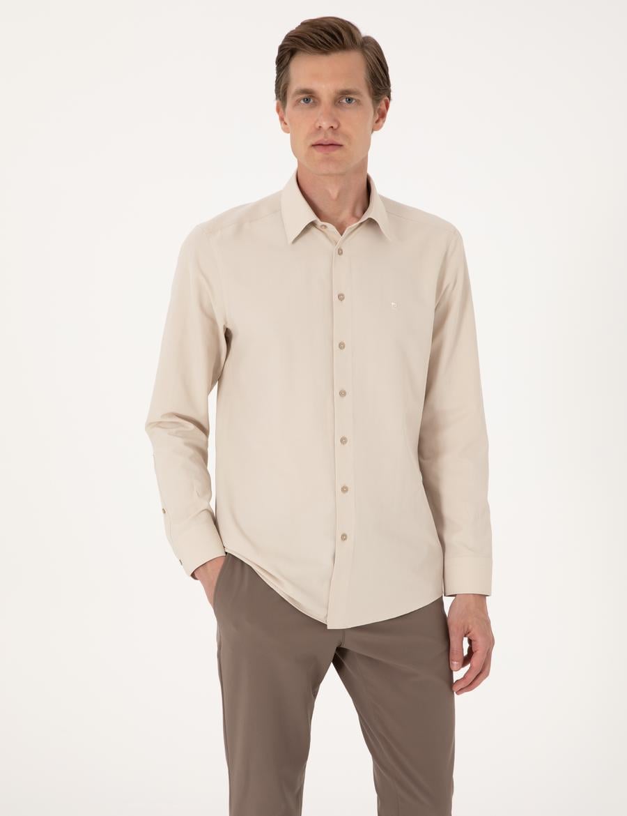 Bej Slim Fit Uzun Kollu Basic Gömlek