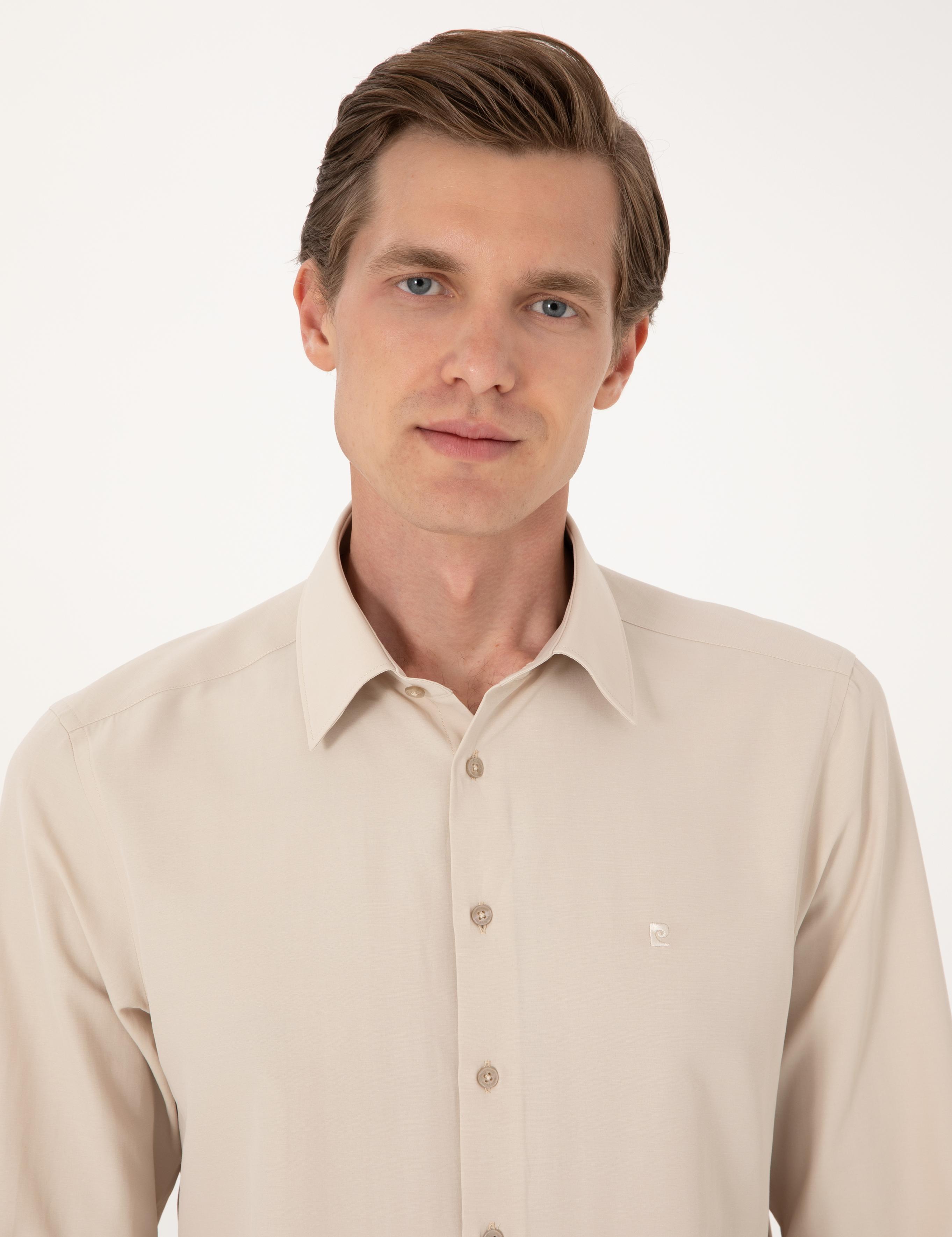 Bej Slim Fit Uzun Kollu Basic Gömlek