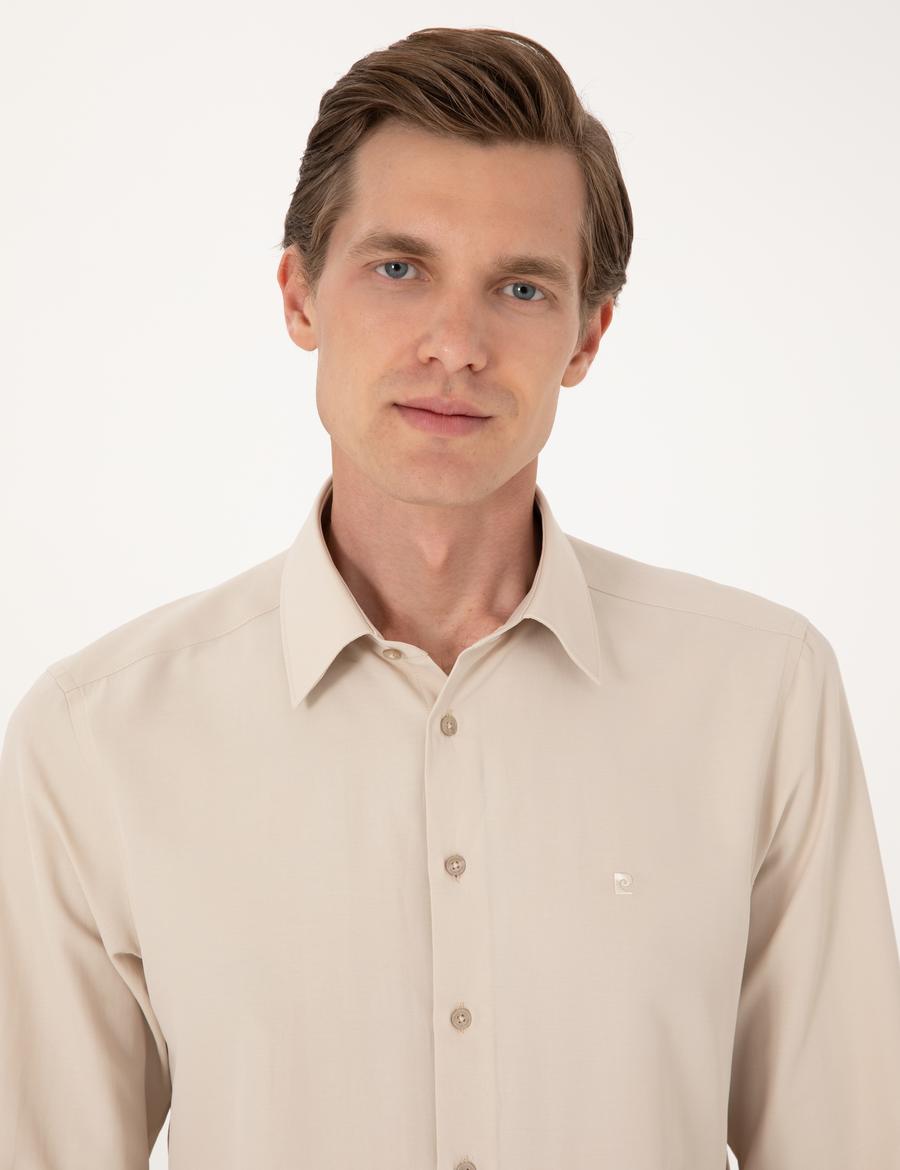 Bej Slim Fit Uzun Kollu Basic Gömlek
