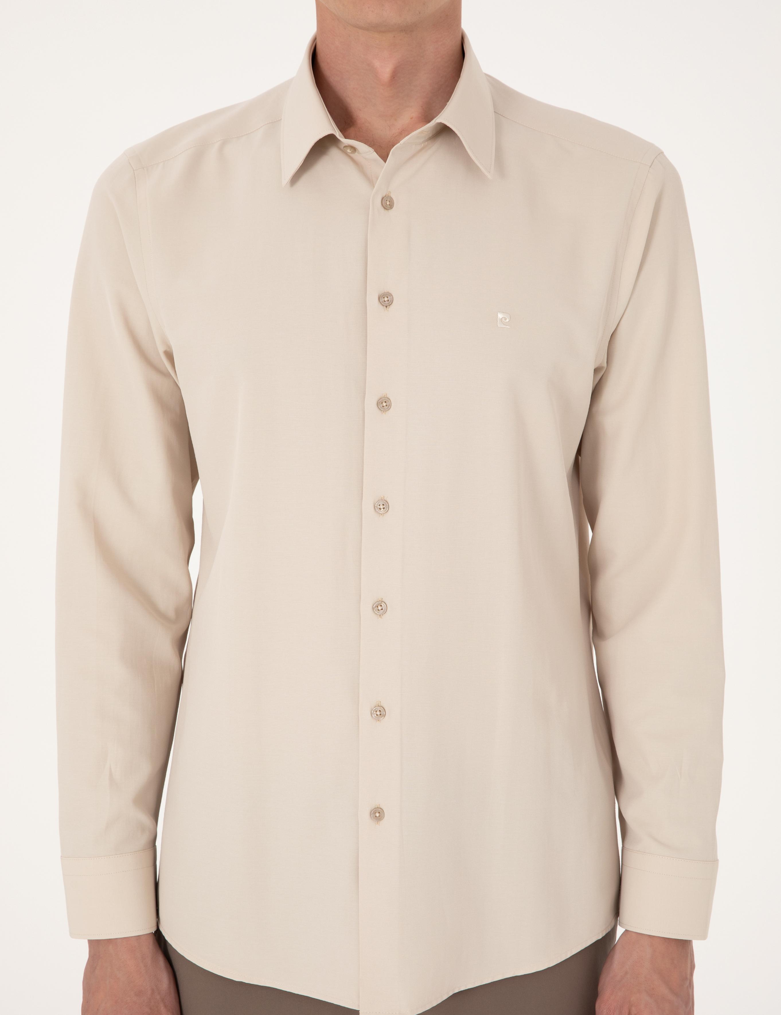 Bej Slim Fit Uzun Kollu Basic Gömlek