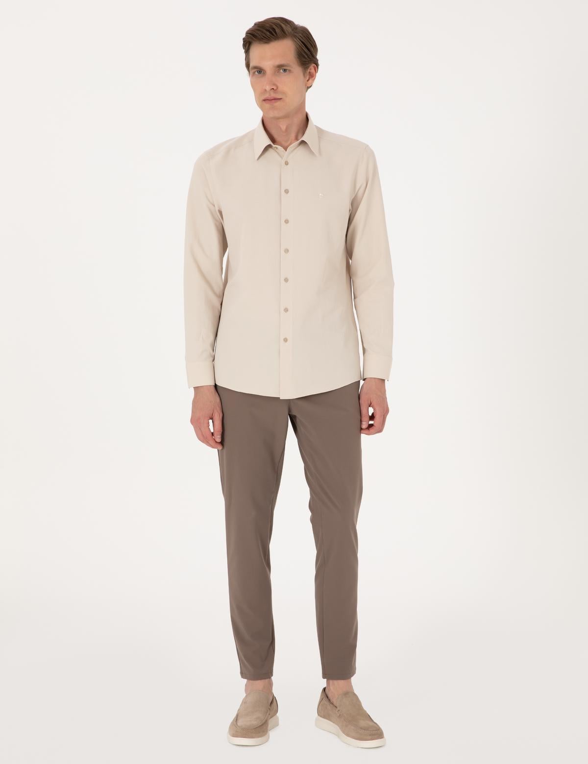 Bej Slim Fit Uzun Kollu Basic Gömlek - 50316734079