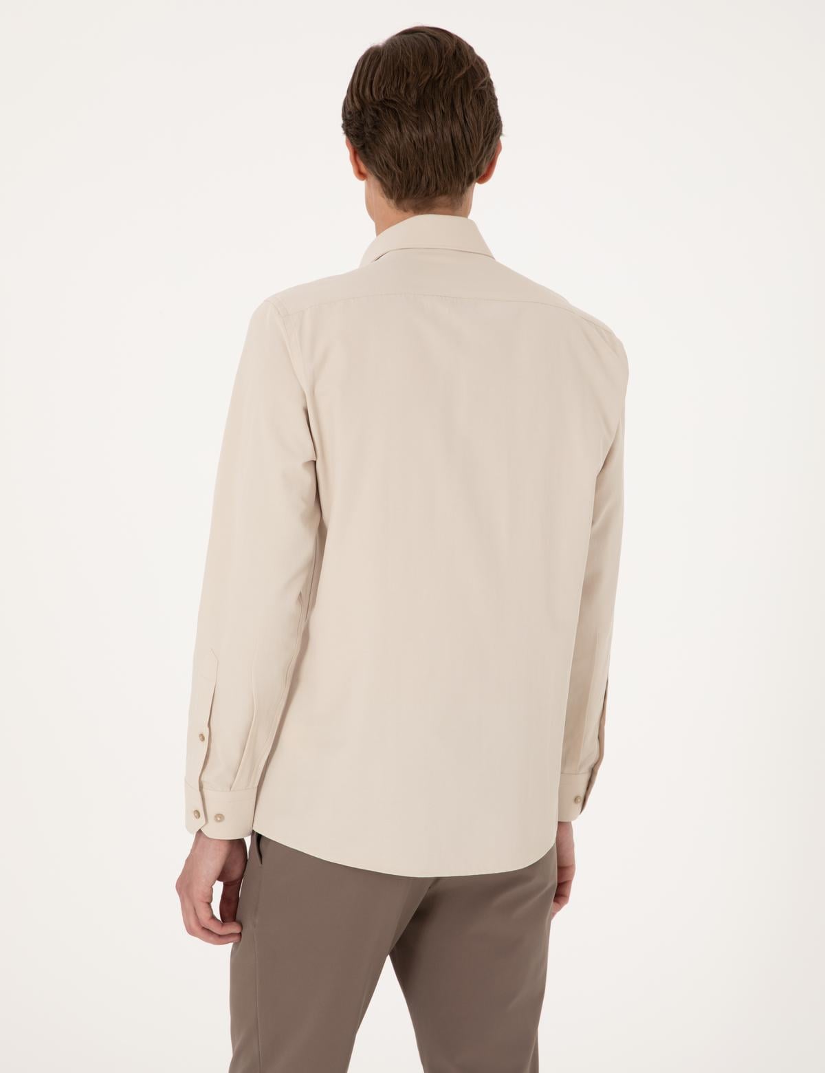 Bej Slim Fit Uzun Kollu Basic Gömlek - 50316734079