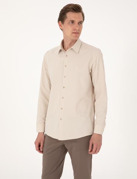 Bej Slim Fit Uzun Kollu Basic Gömlek - 50316734079