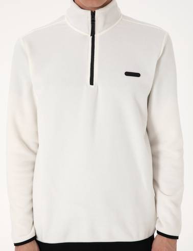 Beyaz Regular Fit Yarım Fermuarlı Polar Sweatshirt