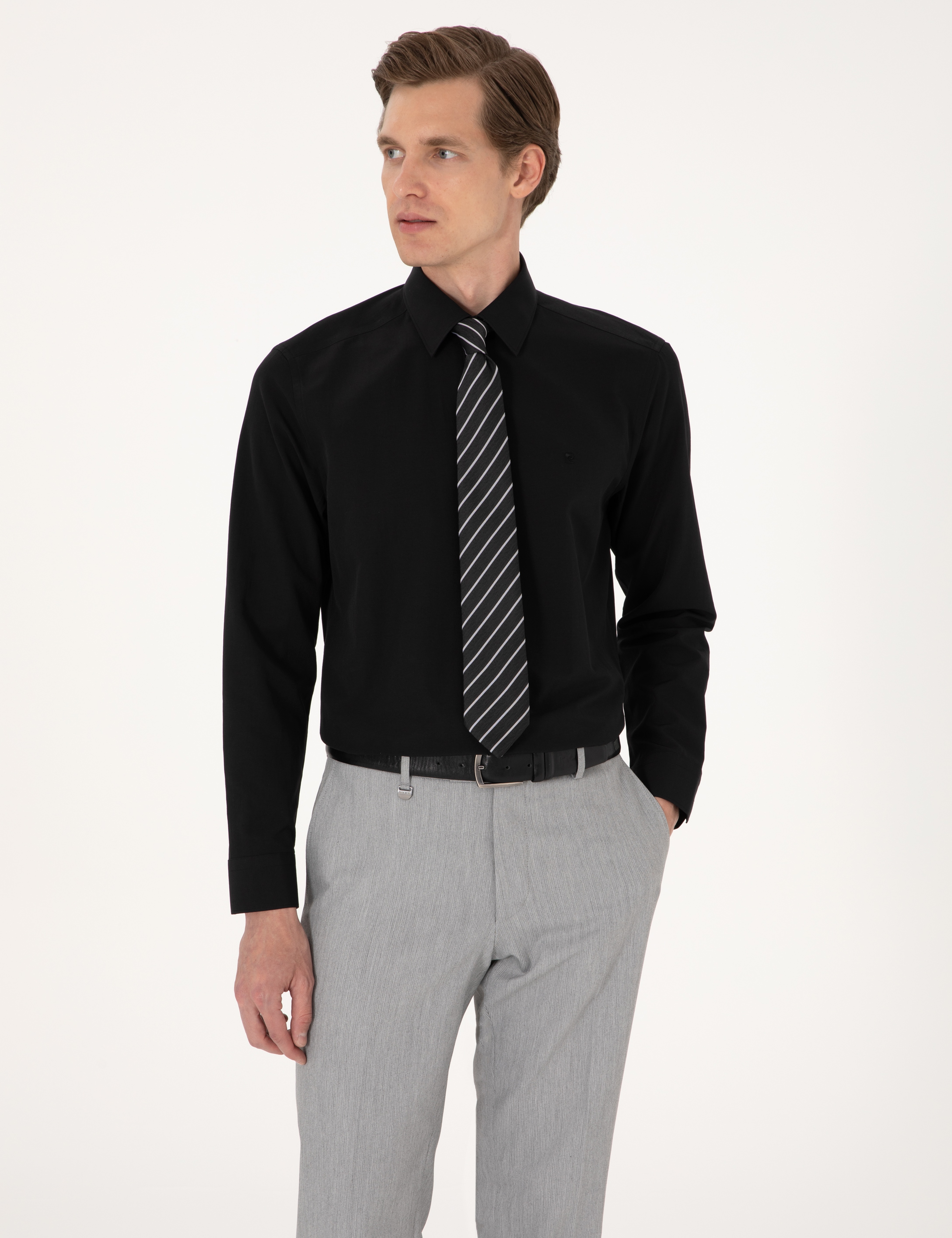 Siyah Slim Fit Uzun Kollu Basic Gömlek - Image 4