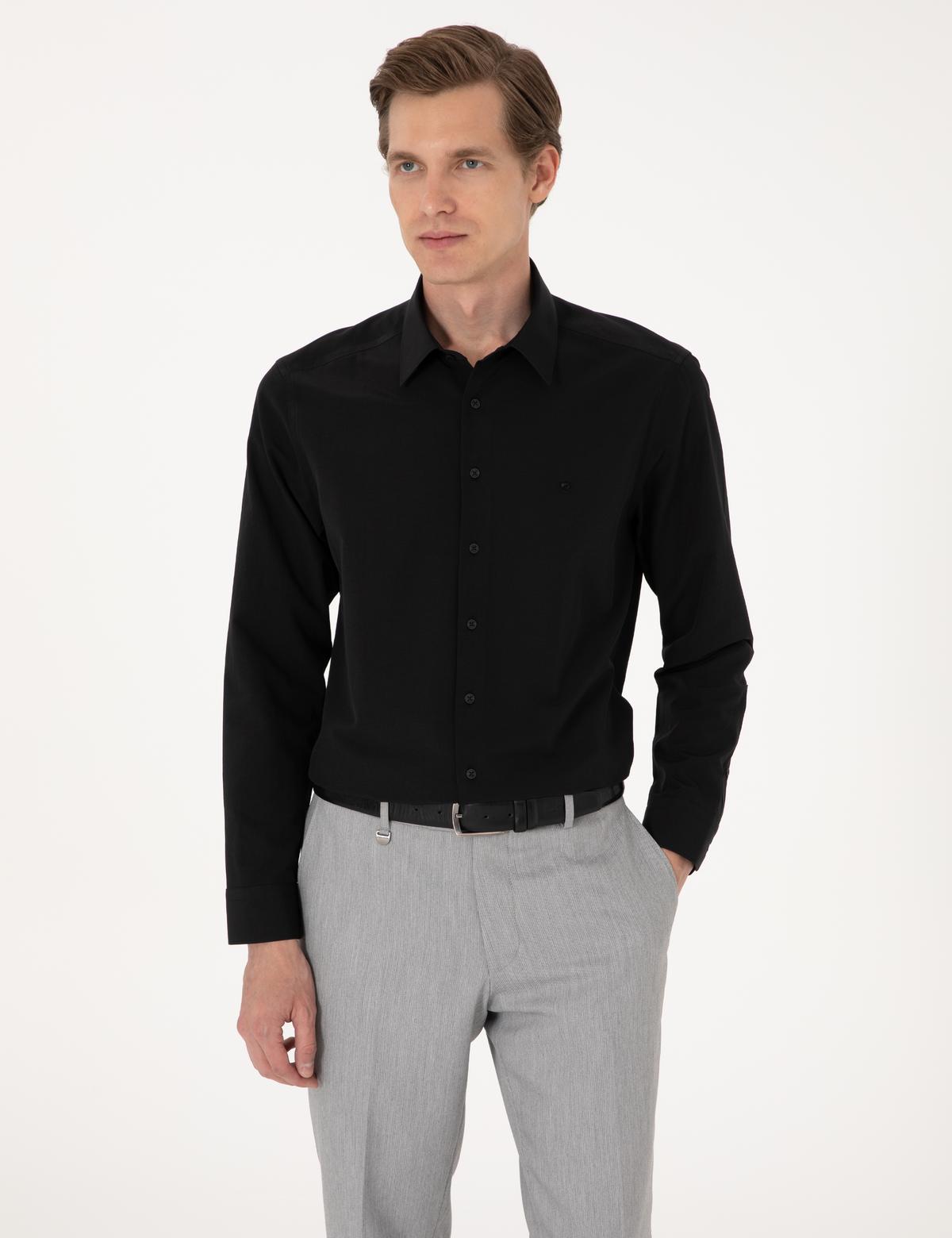 Siyah Slim Fit Uzun Kollu Basic Gömlek - 50316734068