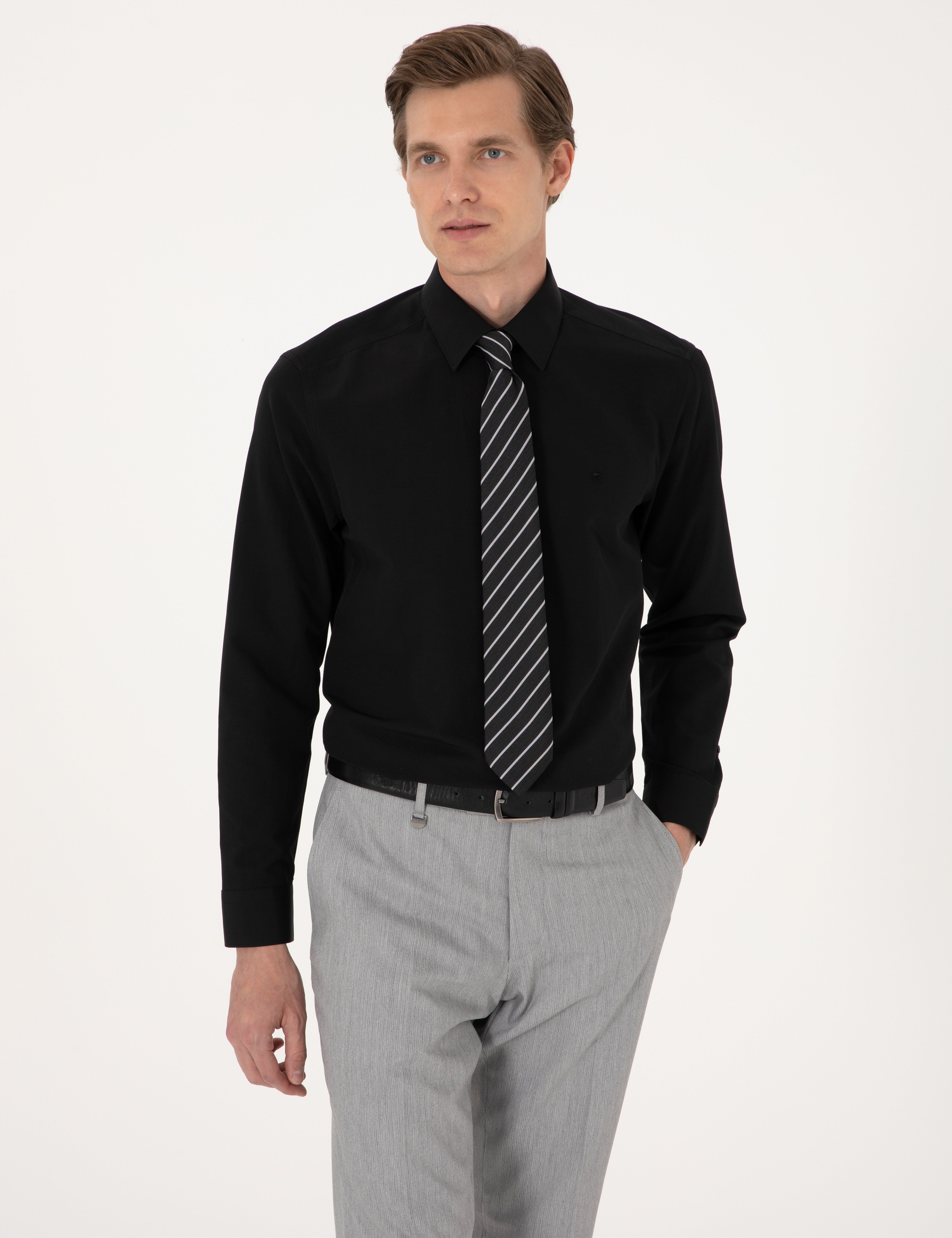 Siyah Slim Fit Uzun Kollu Basic Gömlek - Image 1