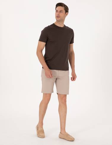 Bej Slim Fit Dokuma Şort