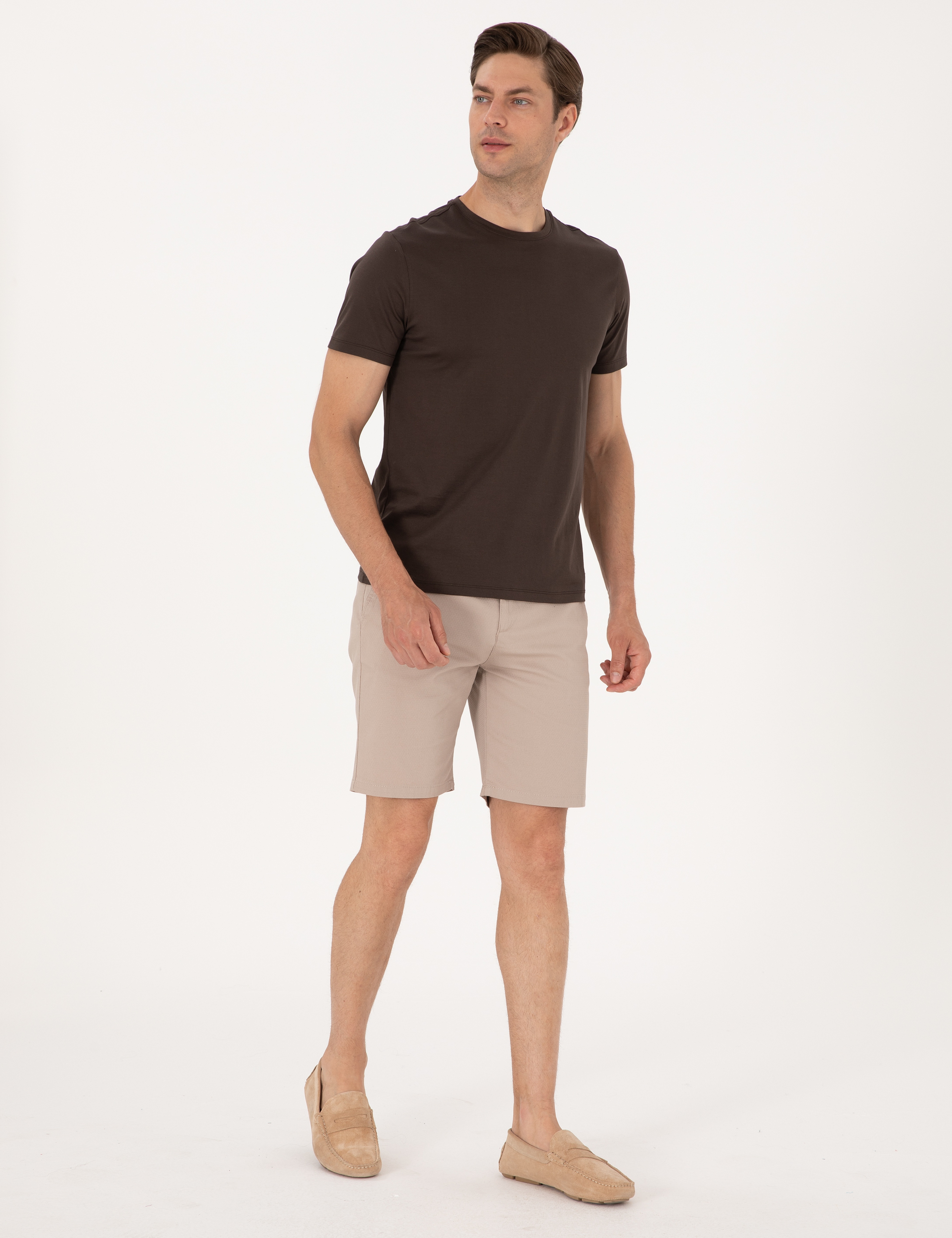 Bej Slim Fit Dokuma Şort - Image 3