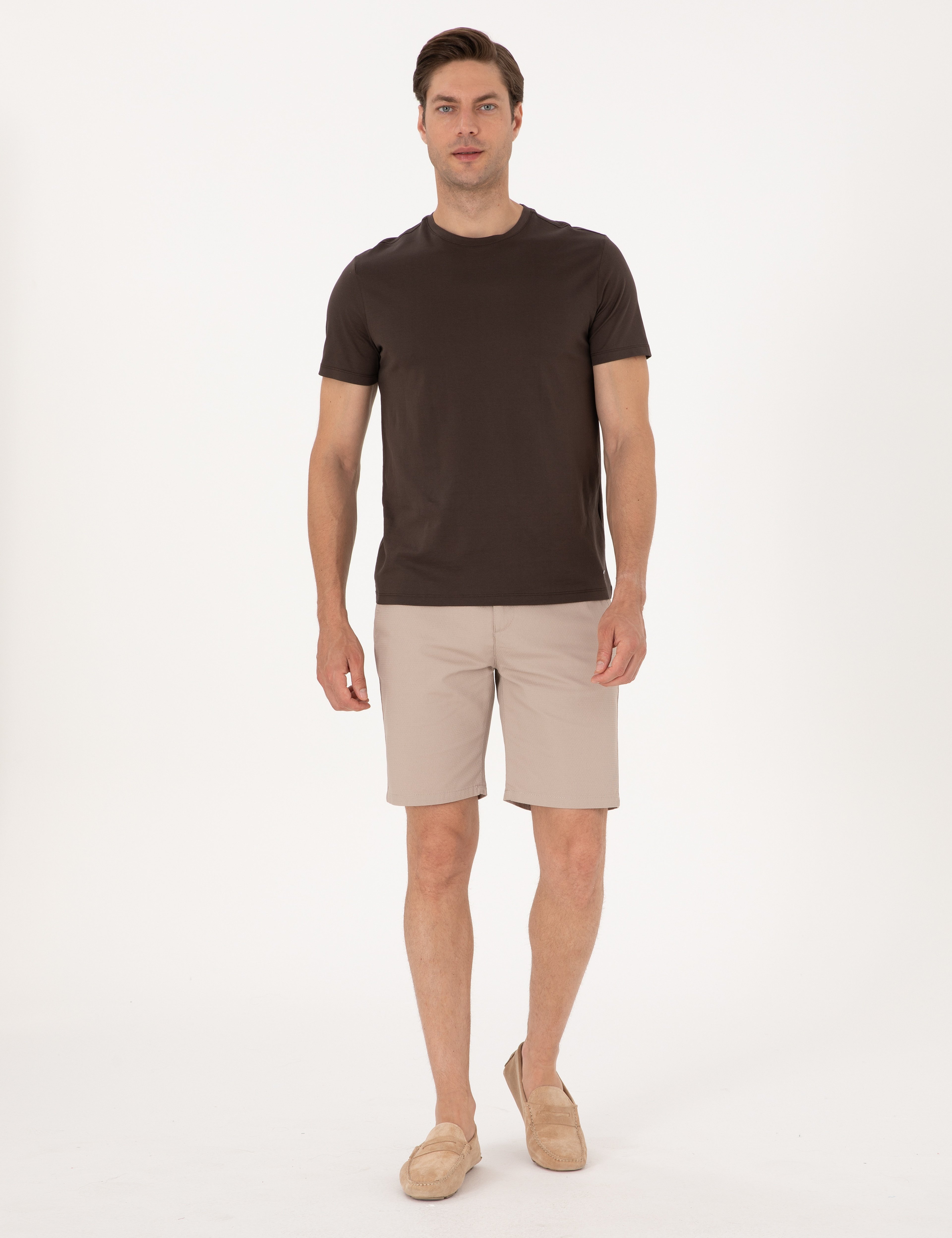 Bej Slim Fit Dokuma Şort - Image 1