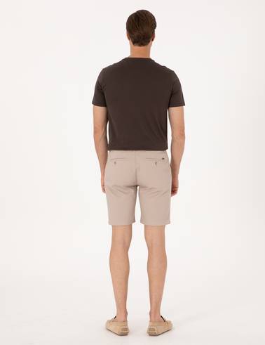 Bej Slim Fit Dokuma Şort