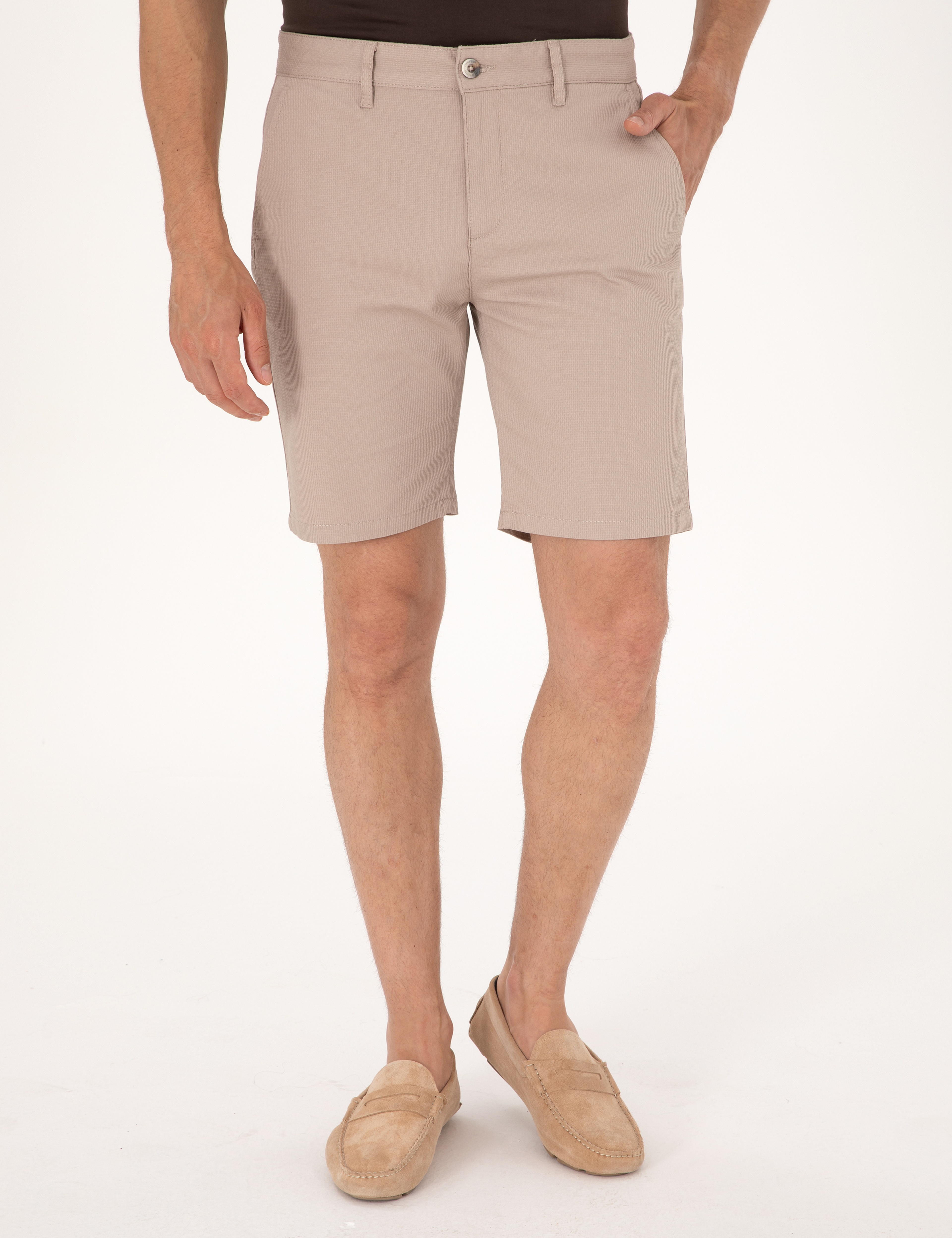 Bej Slim Fit Dokuma Şort - Image 2