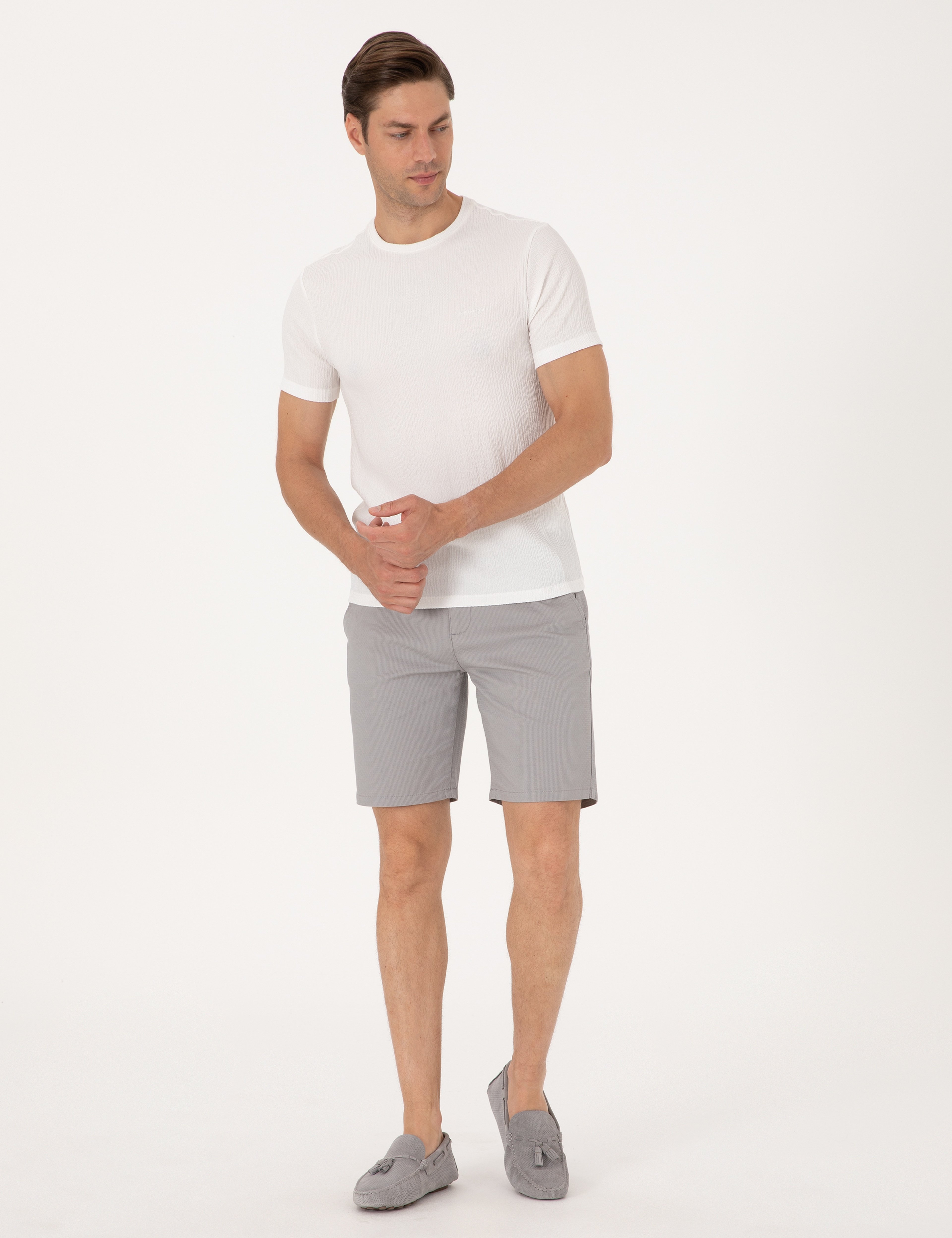 Gri Slim Fit Dokuma Şort - Image 3