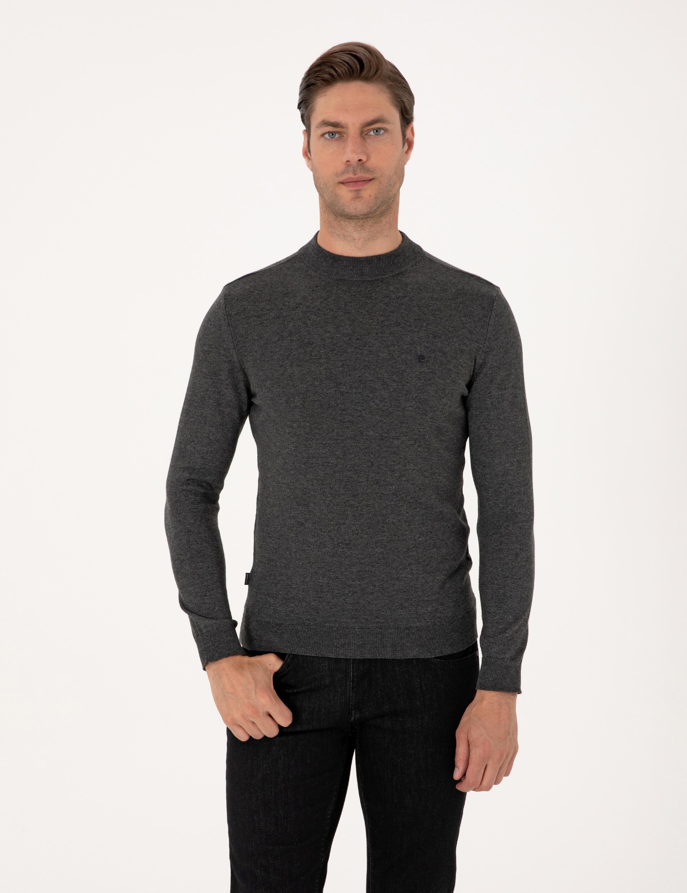 Antrasit Melanj  Slim Fit Çeyrek Yaka Basic Triko Kazak