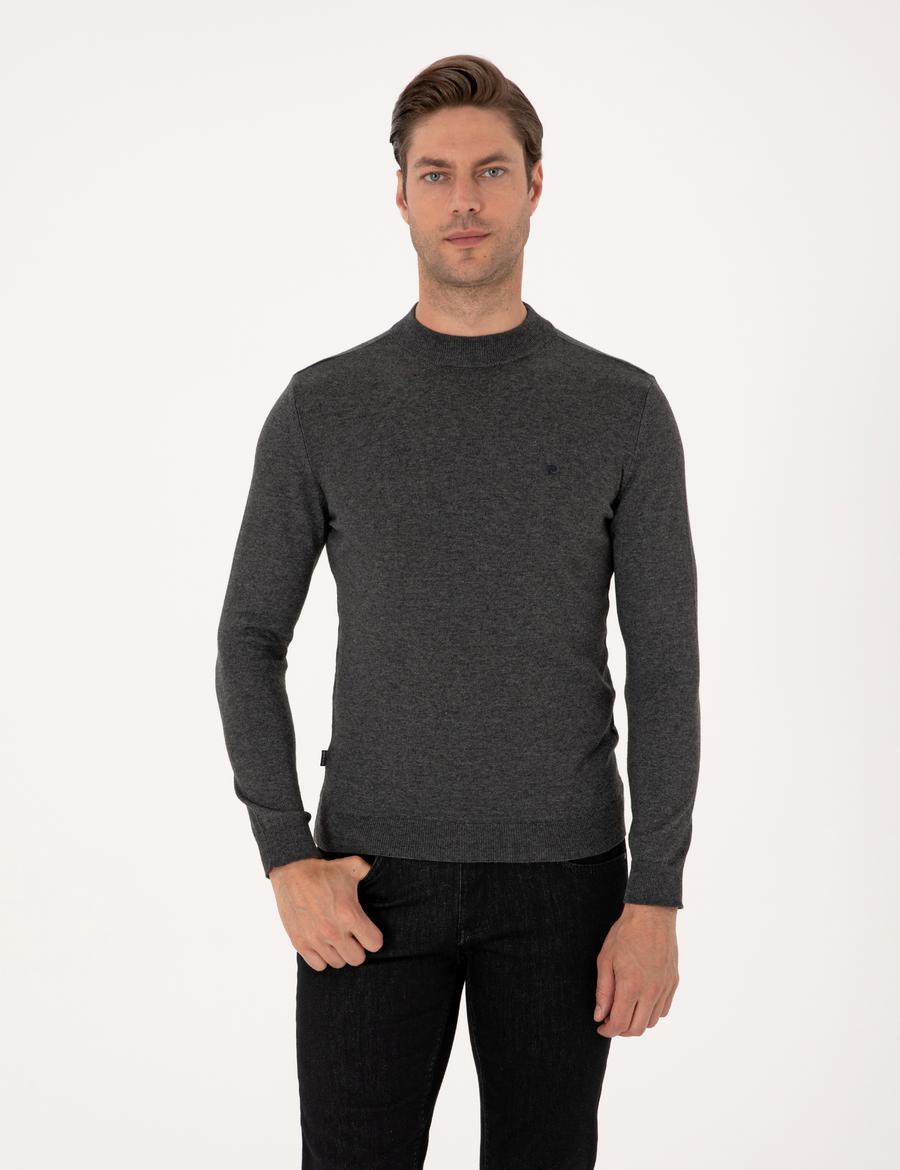 Antrasit Melanj  Slim Fit Çeyrek Yaka Basic Triko Kazak