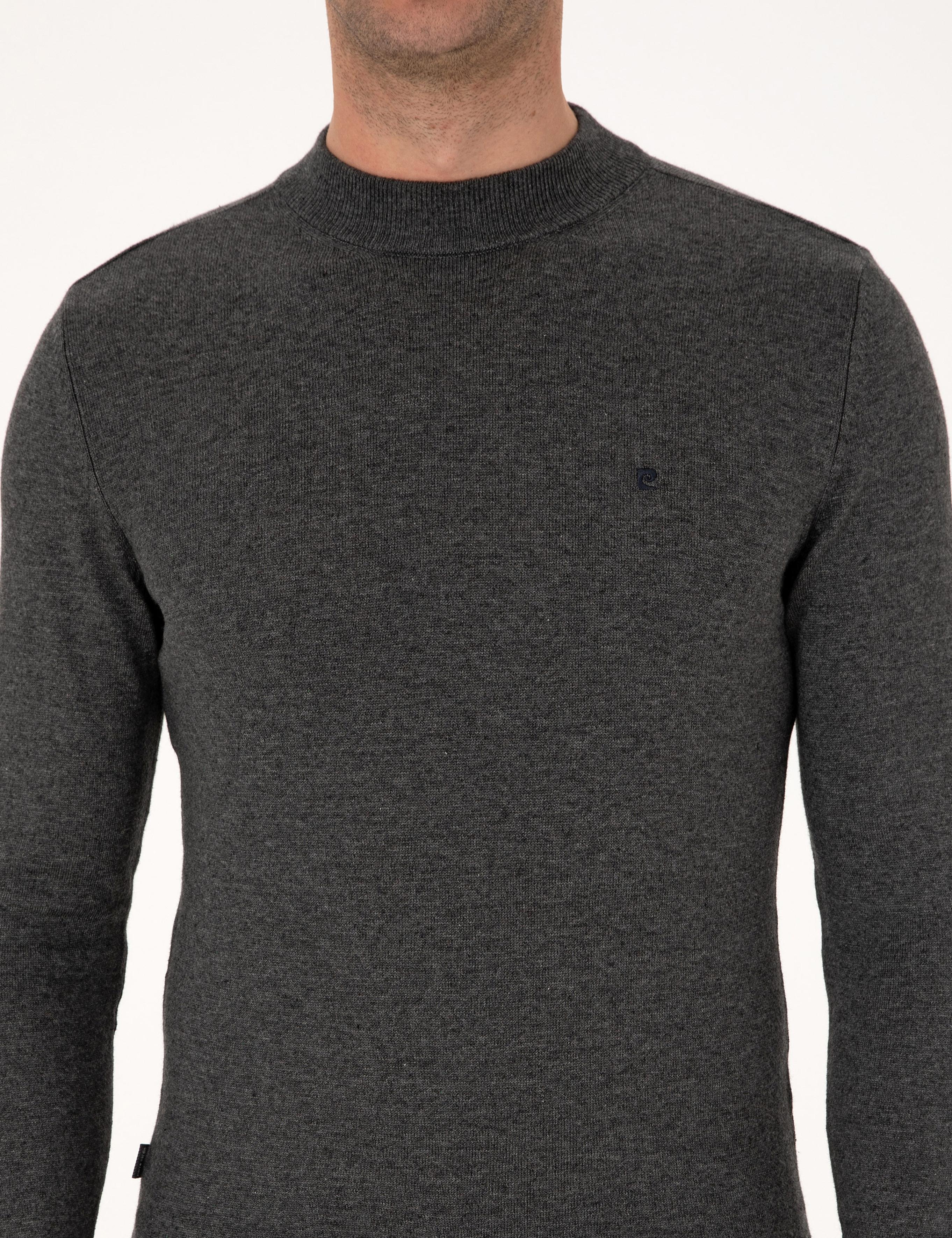 Antrasit Melanj  Slim Fit Çeyrek Yaka Basic Triko Kazak