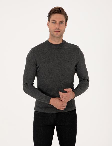 Antrasit Melanj  Slim Fit Çeyrek Yaka Basic Triko Kazak - 50314188001